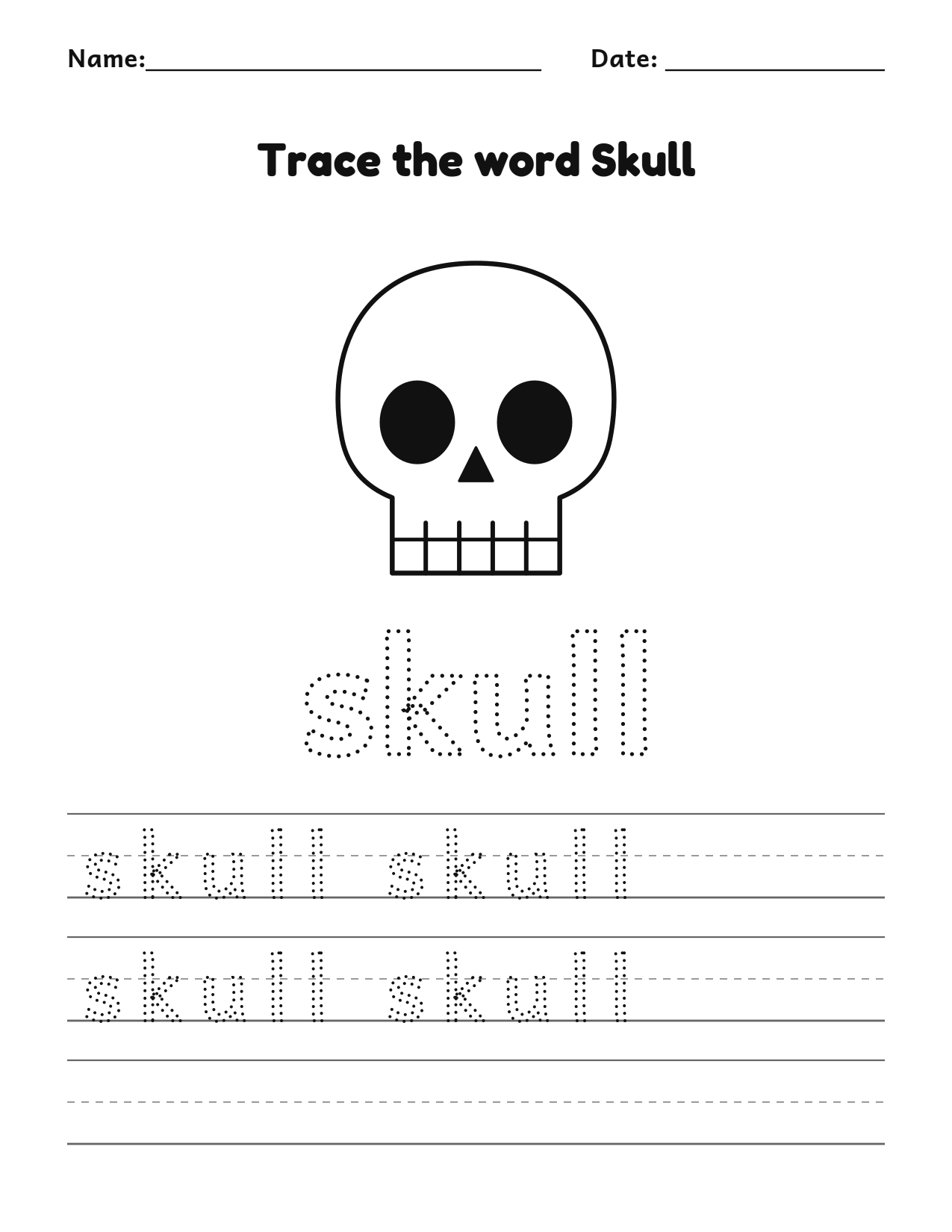 Trace the word skull Halloween worksheet with a skull picture to color and writing lines