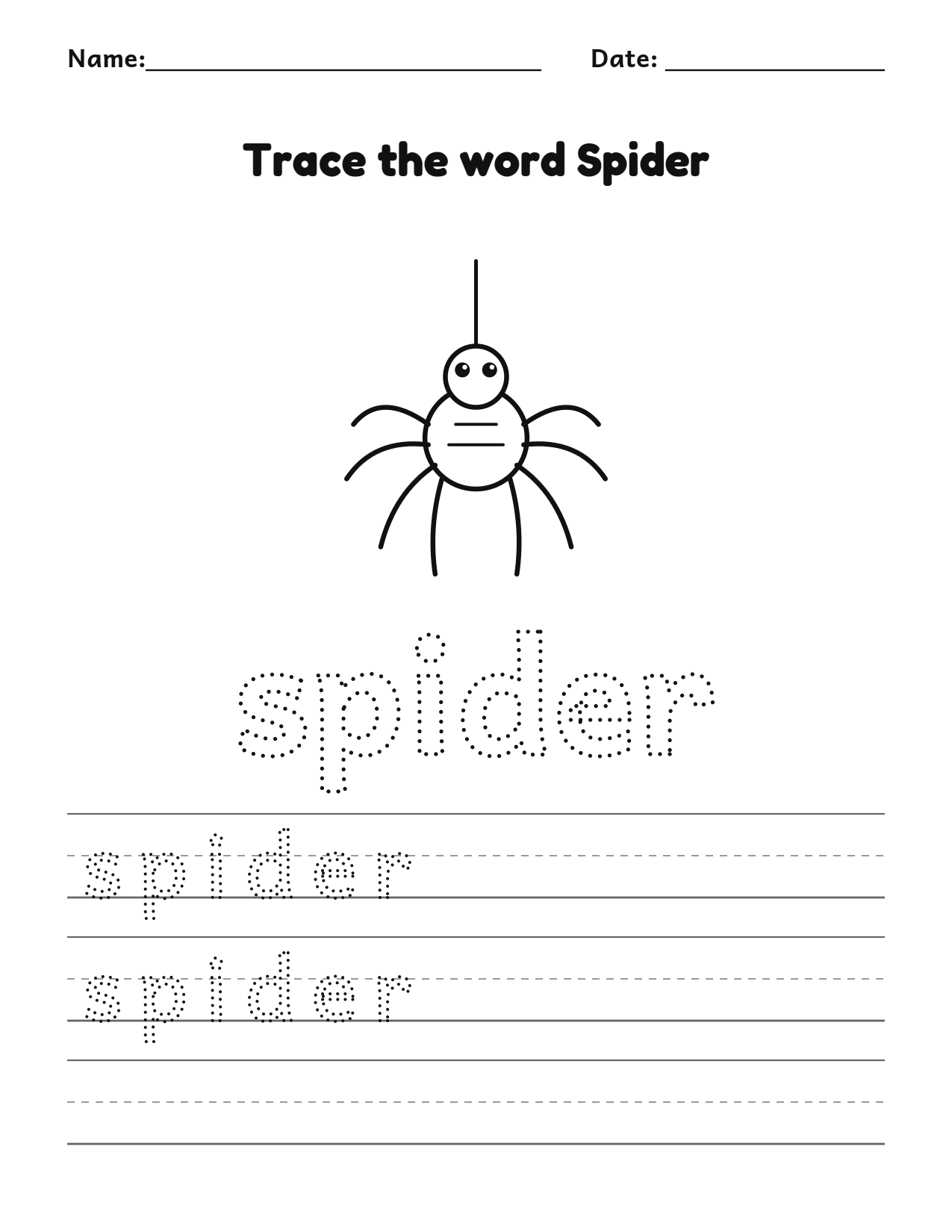Trace the word spider Halloween worksheet with a spider picture to color and writing lines