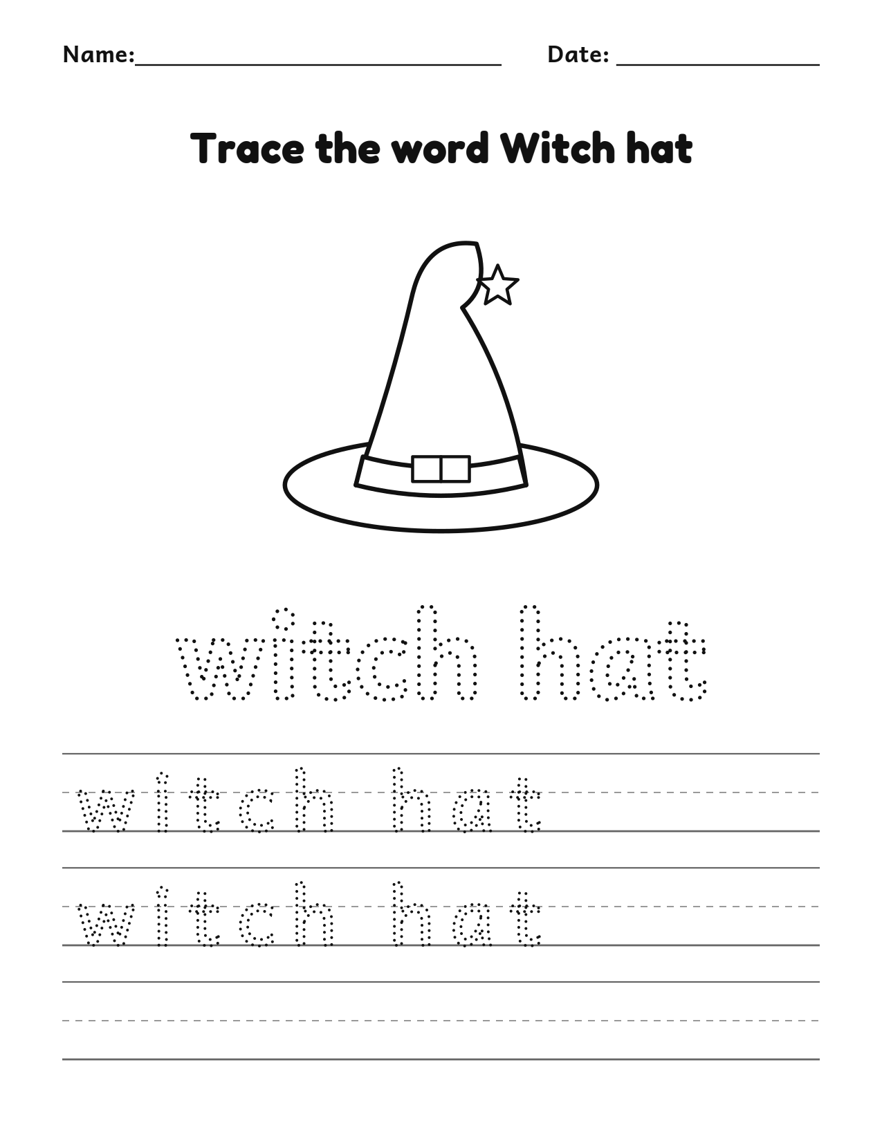 Trace the word witch hat Halloween worksheet with a witch hat picture to color and writing lines