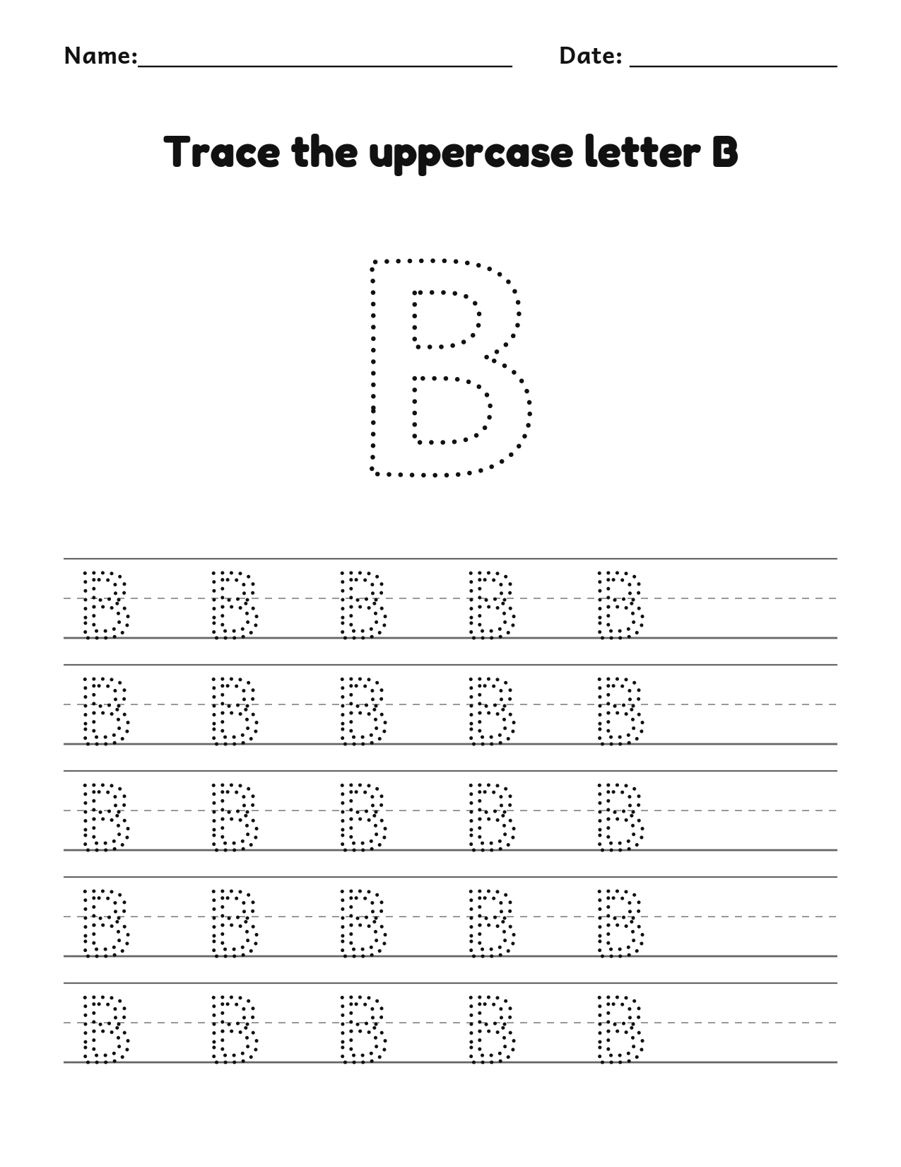 Trace the uppercase letter B worksheet with a dotted letter and writing lines