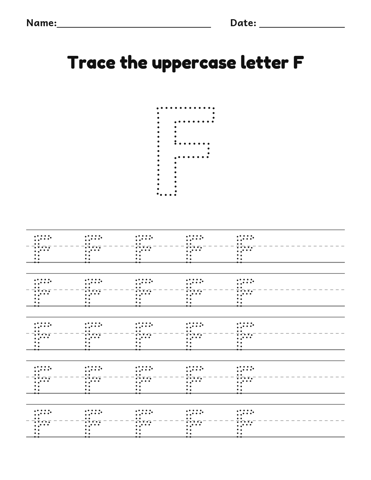 Trace the uppercase letter F worksheet with a dotted letter and writing lines