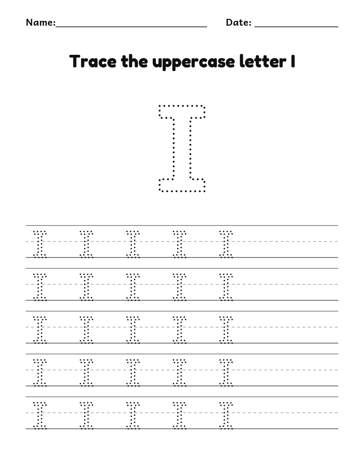Trace the uppercase letter I worksheet with a dotted letter and writing lines