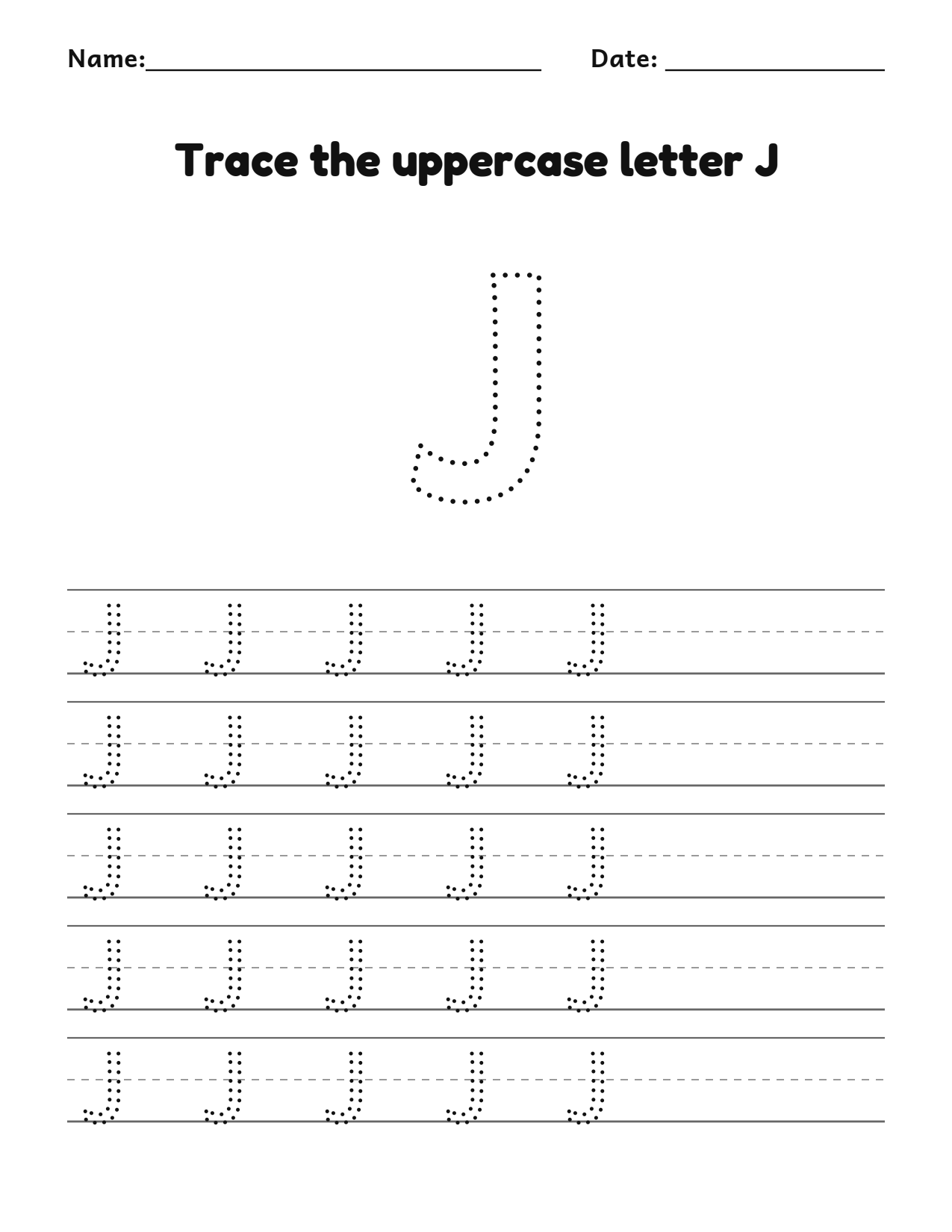 Trace the uppercase letter J worksheet with a dotted letter and writing lines