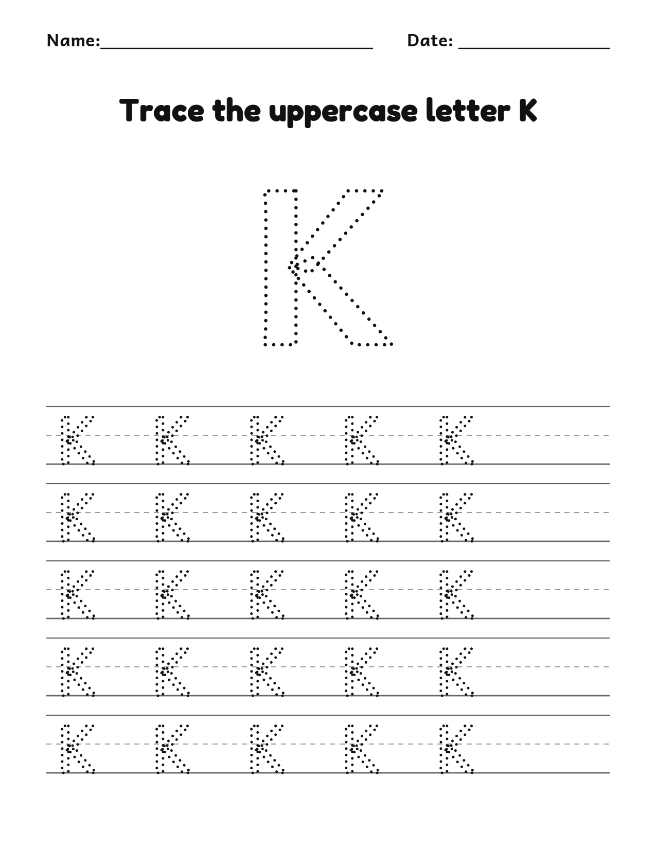 Trace the uppercase letter K worksheet with a dotted letter and writing lines