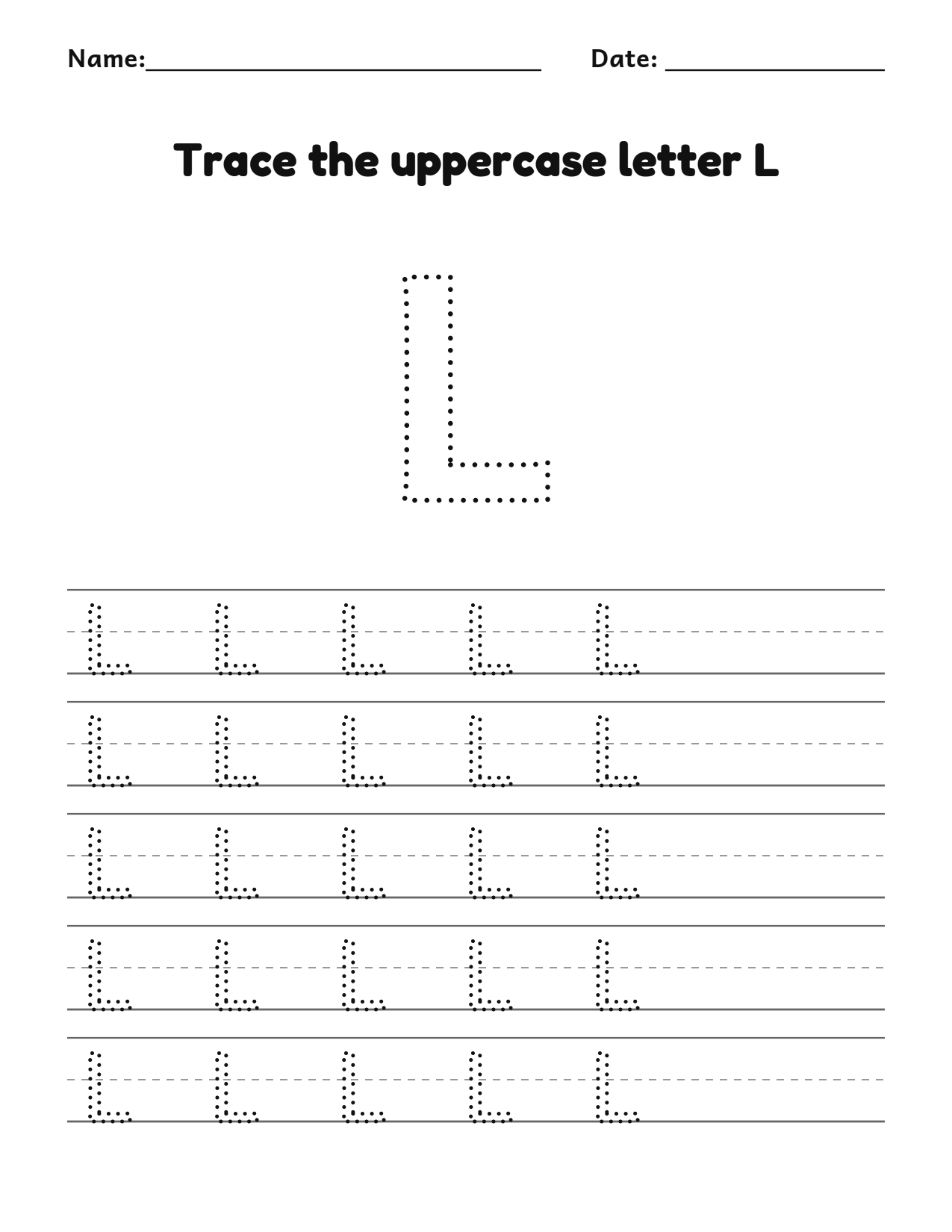 Trace the uppercase letter L worksheet with a dotted letter and writing lines