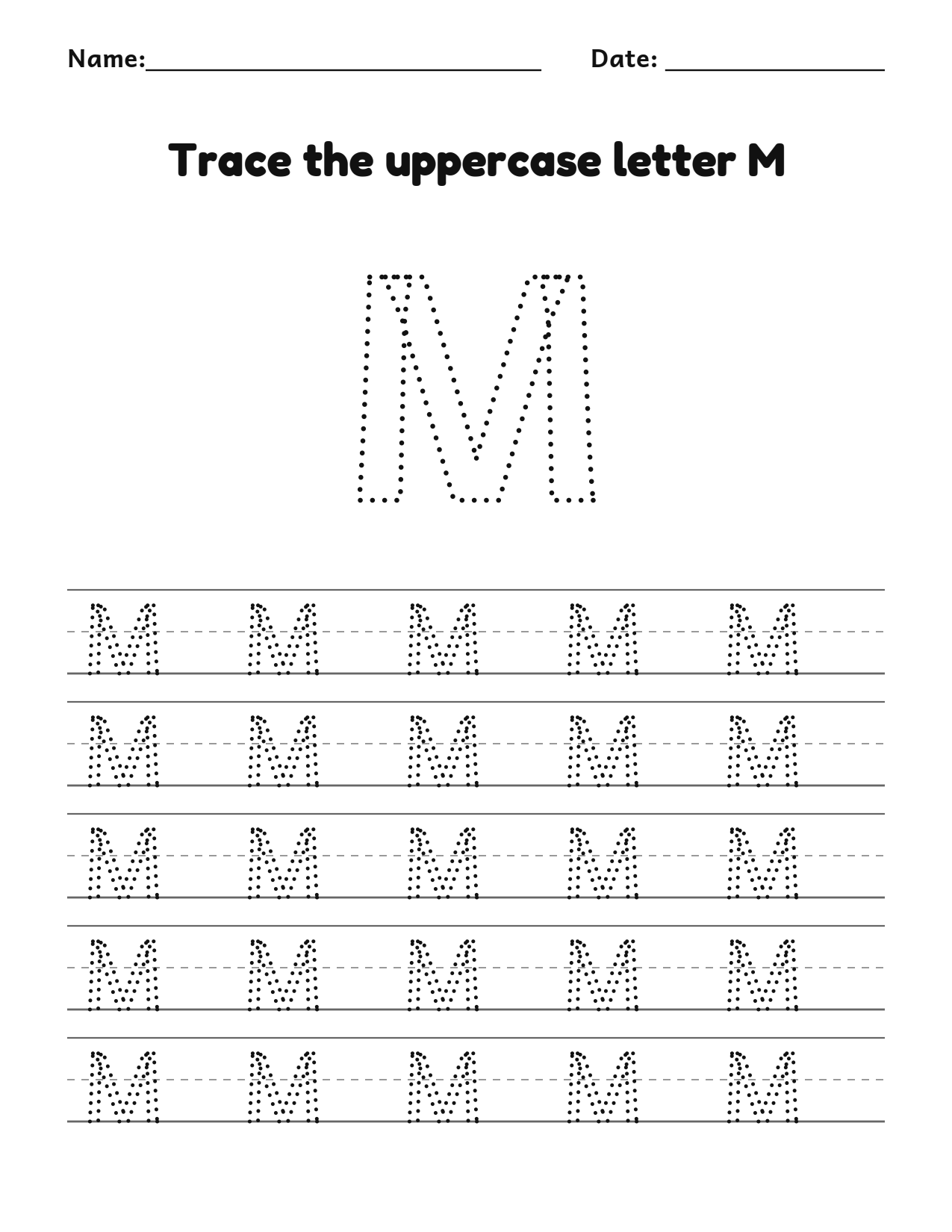 Trace the uppercase letter M worksheet with a dotted letter and writing lines