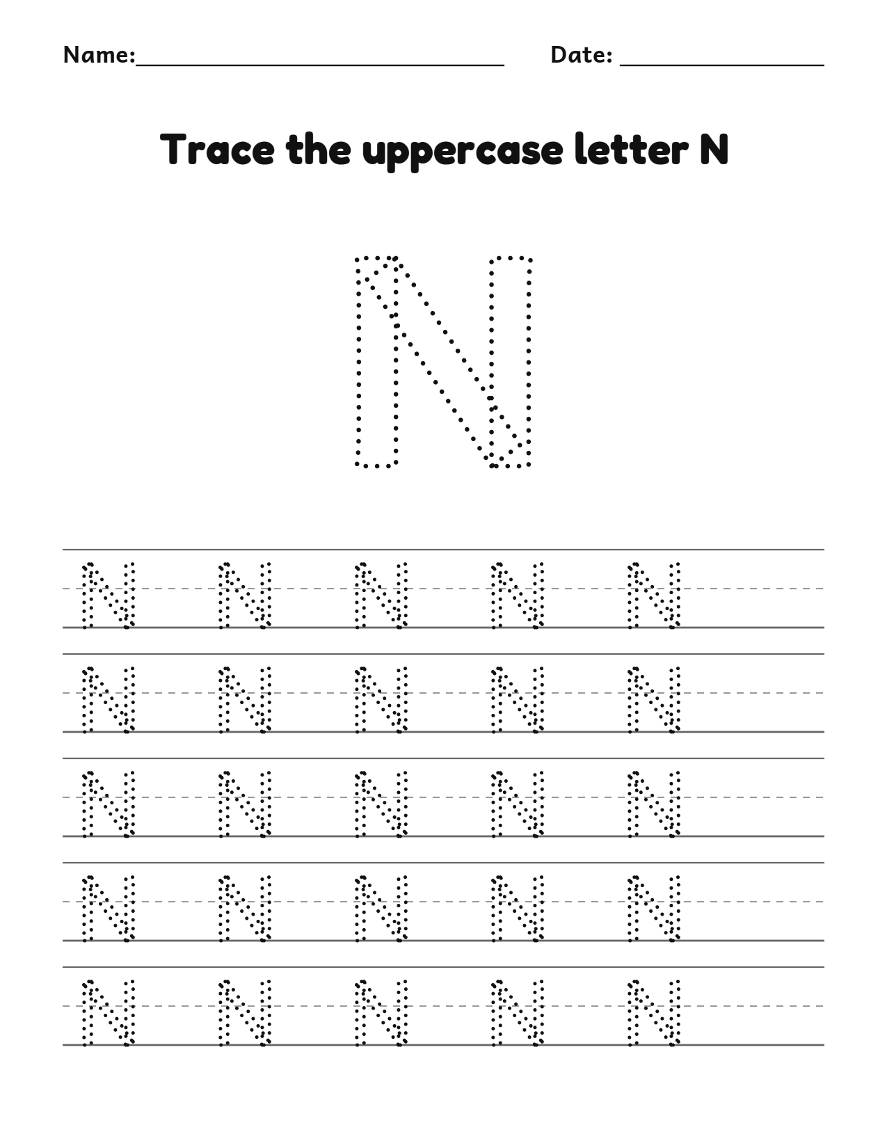 Trace the uppercase letter N worksheet with a dotted letter and writing lines