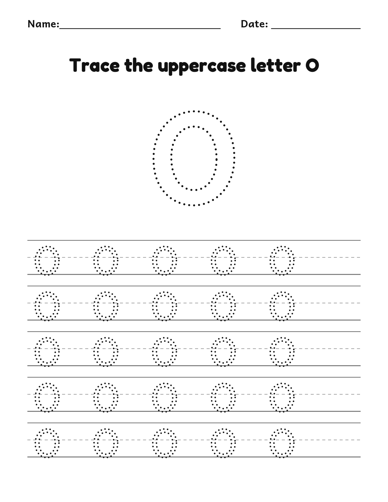 Trace the uppercase letter O worksheet with a dotted letter and writing lines