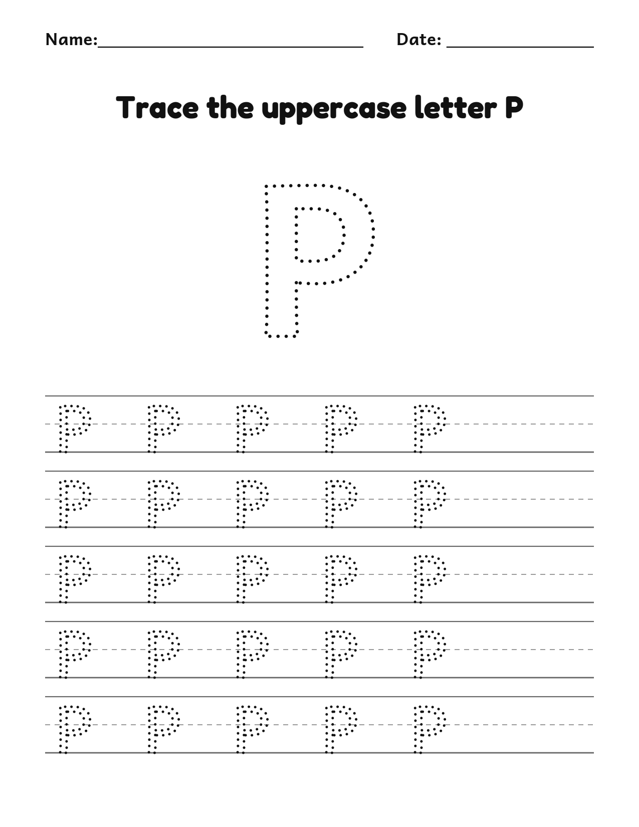 Trace the uppercase letter P worksheet with a dotted letter and writing lines