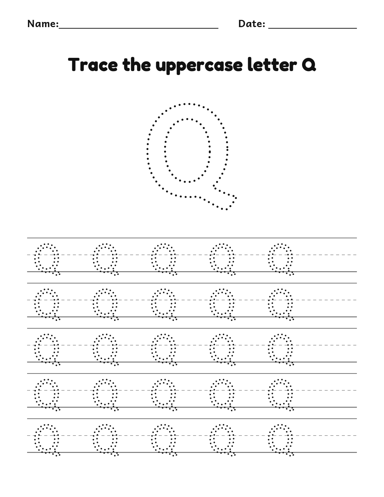 Trace the uppercase letter Q worksheet with a dotted letter and writing lines