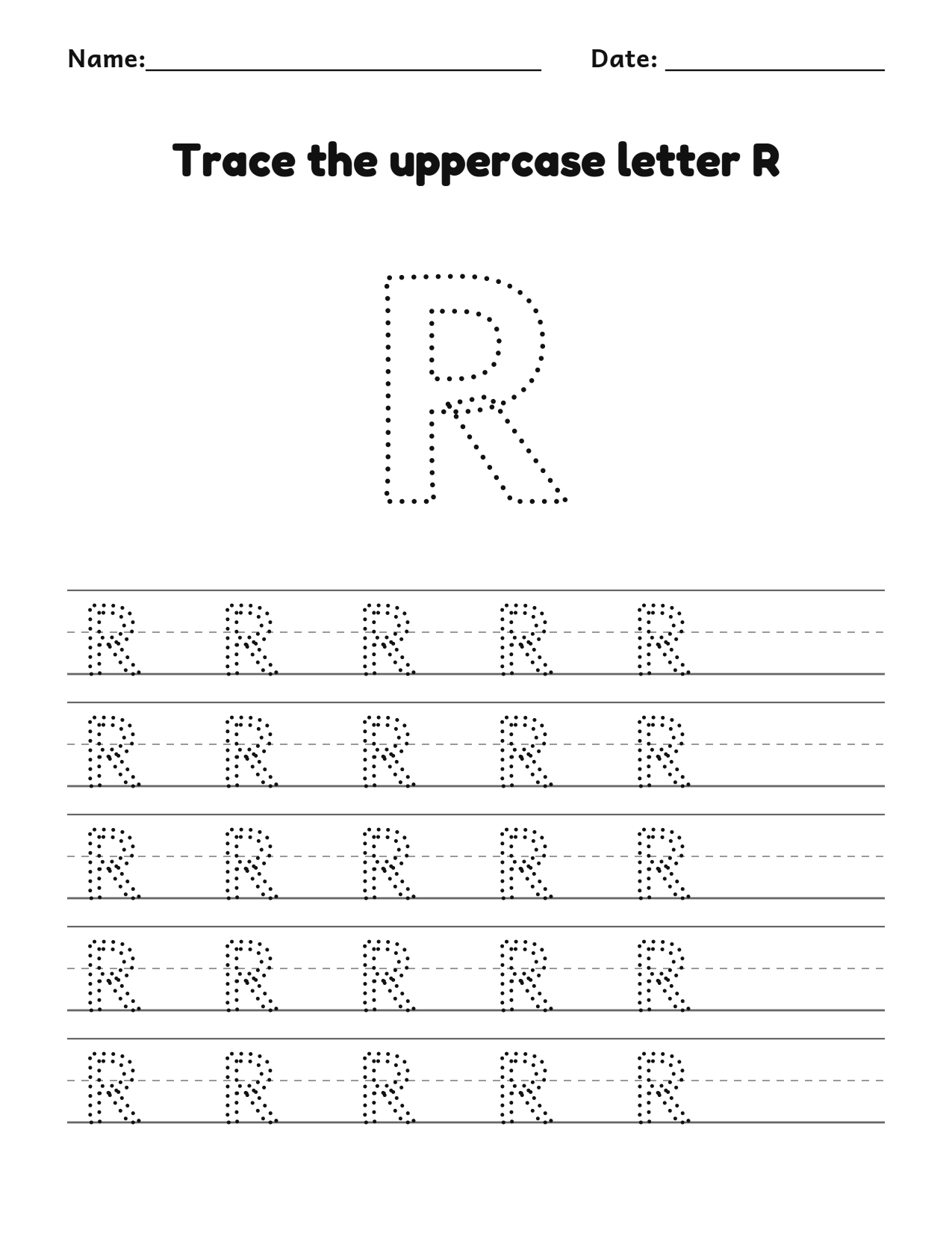 Trace the uppercase letter R worksheet with a dotted letter and writing lines