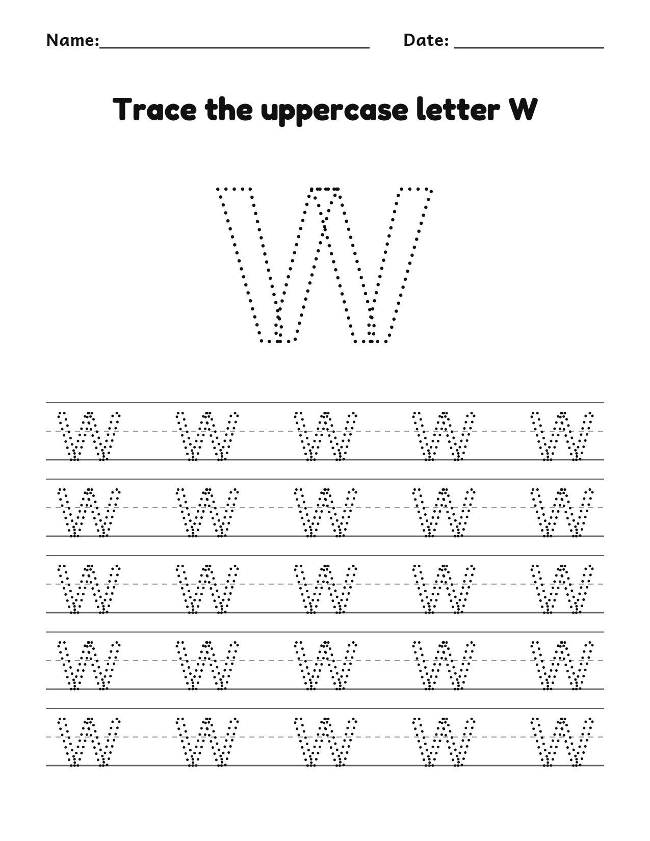Trace the uppercase letter W worksheet with a dotted letter and writing lines