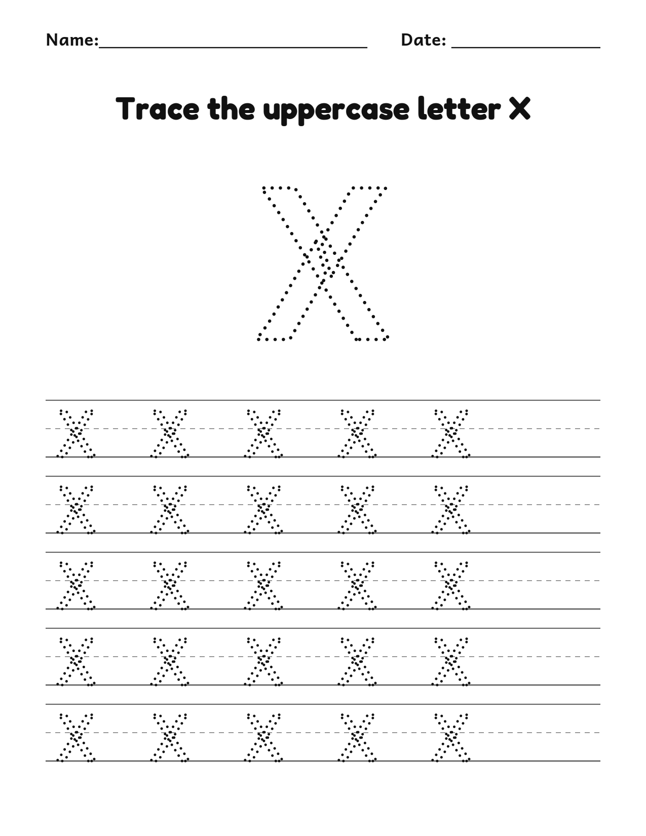 Trace the uppercase letter X worksheet with a dotted letter and writing lines