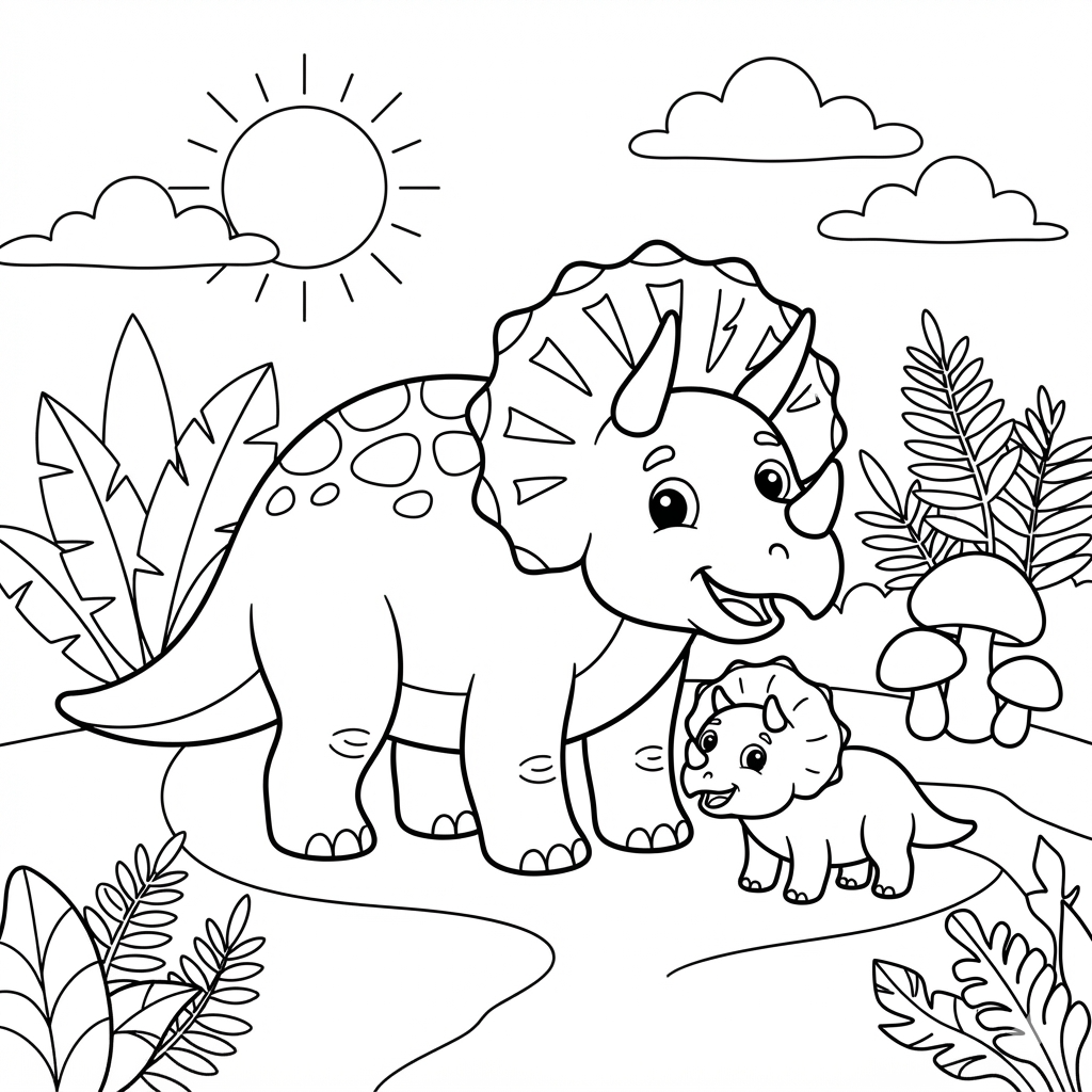 Free printable Triceratops dinosaur coloring page 11 black and white outline