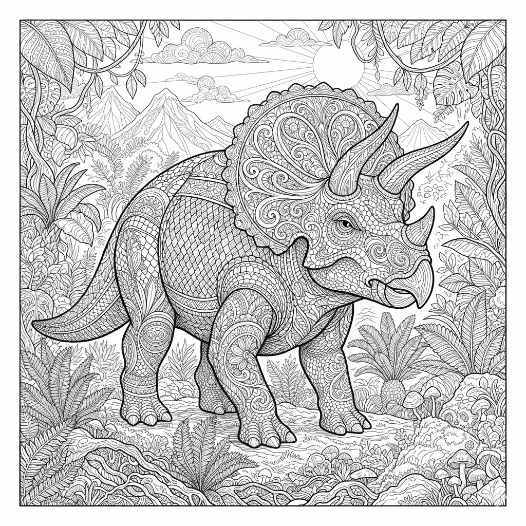 Free printable Triceratops dinosaur coloring page 2 for kids