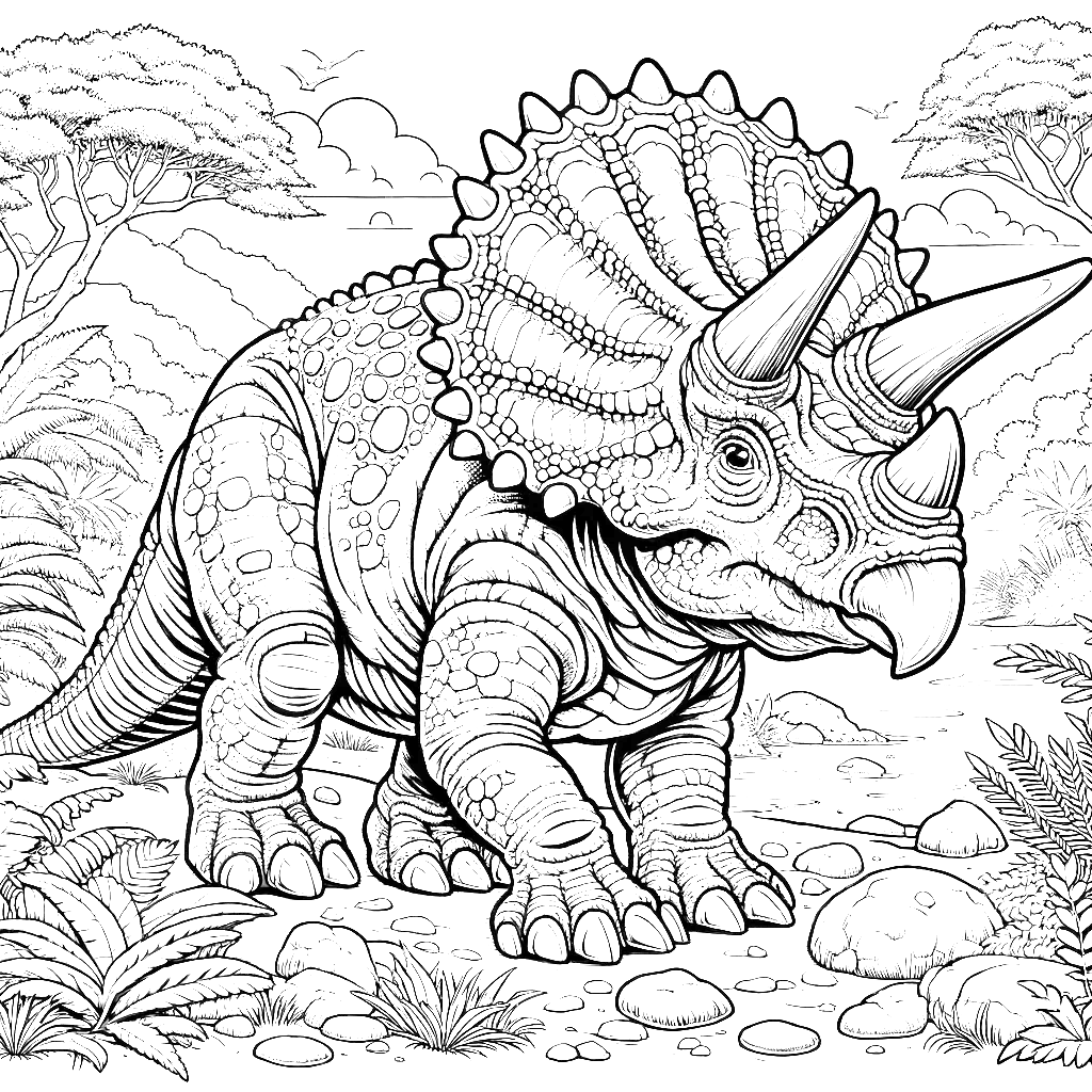 Free printable Triceratops dinosaur coloring page 27 detailed line art