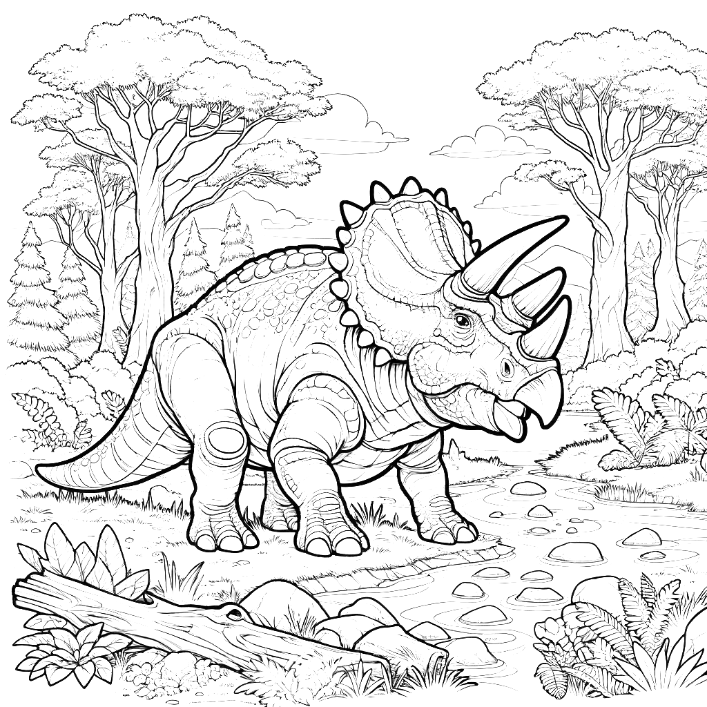 Free printable Triceratops dinosaur coloring page 34 detailed line art