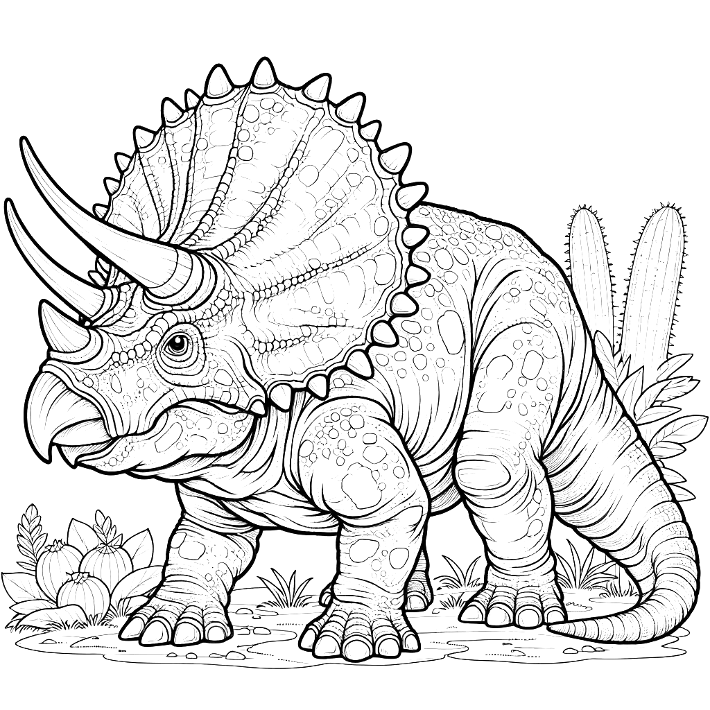 Free printable Triceratops dinosaur coloring page 41 detailed line art