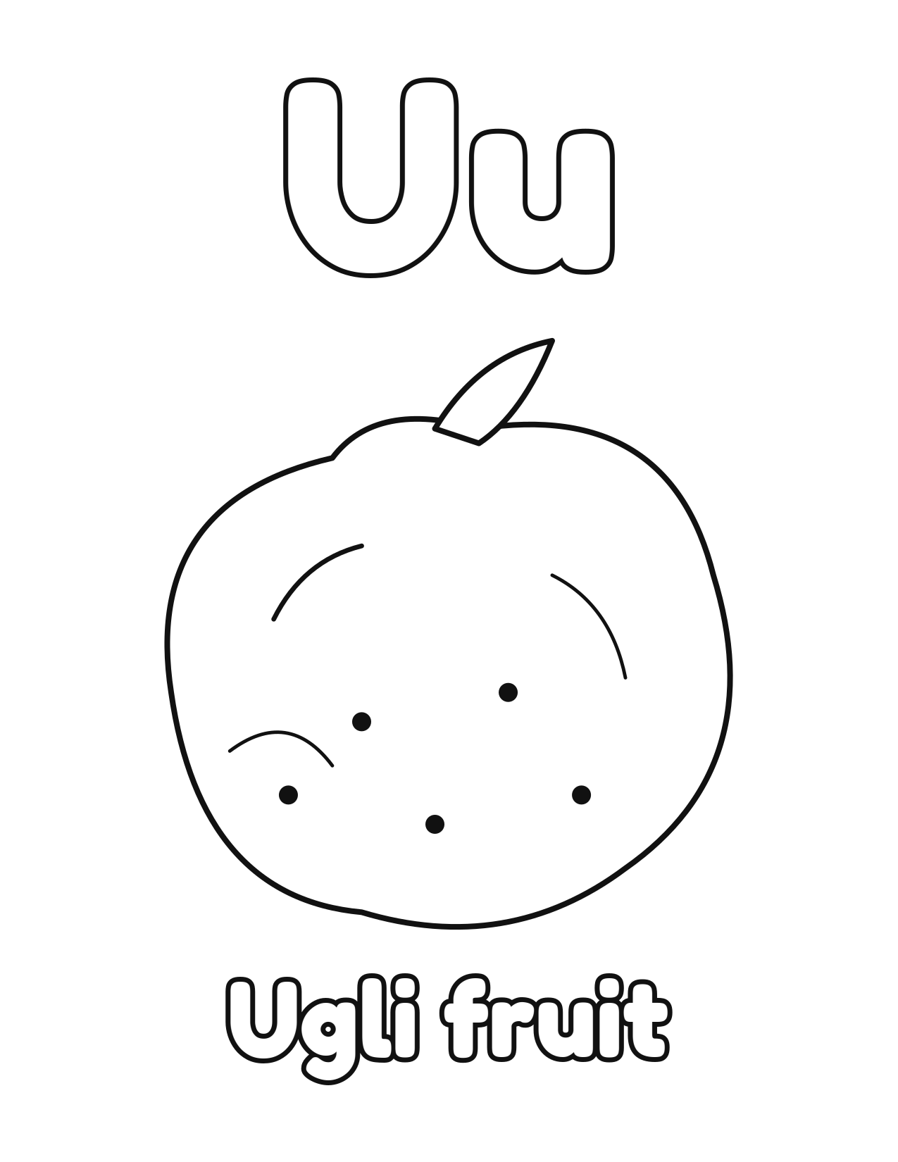 U is for Ugli fruit fruit and vegetable alphabet coloring page with ugli fruit to color