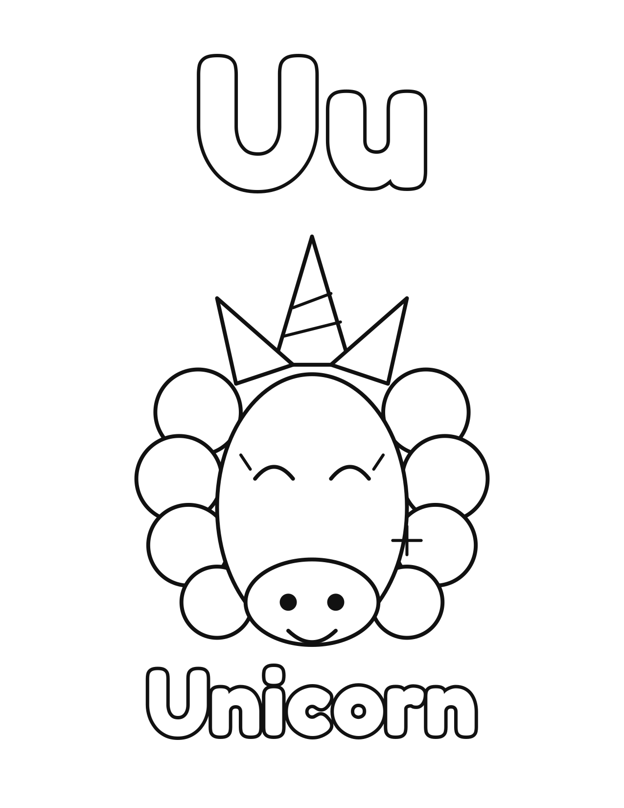 U is for Unicorn animal alphabet coloring page with a cute unicorn to color