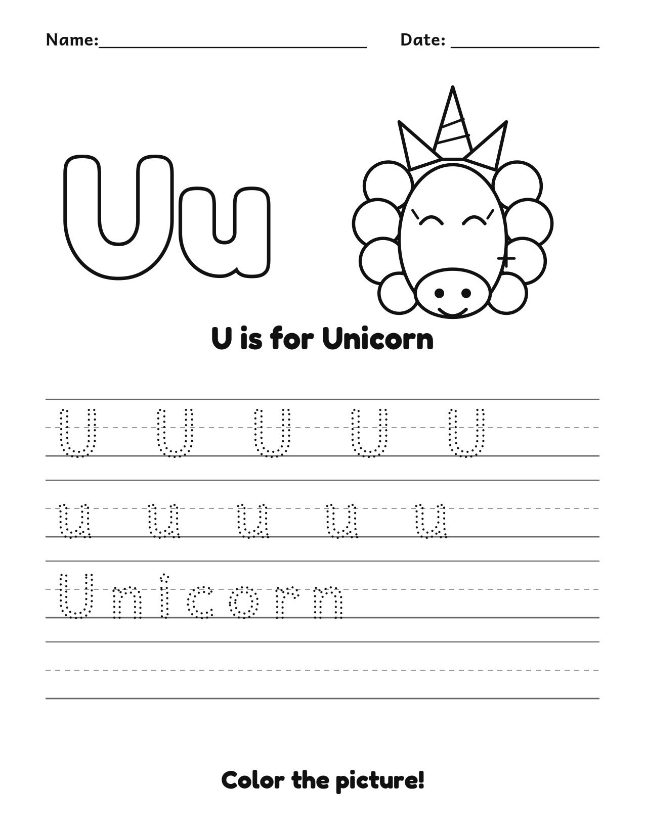 U is for Unicorn animal alphabet tracing worksheet with a unicorn picture and writing lines