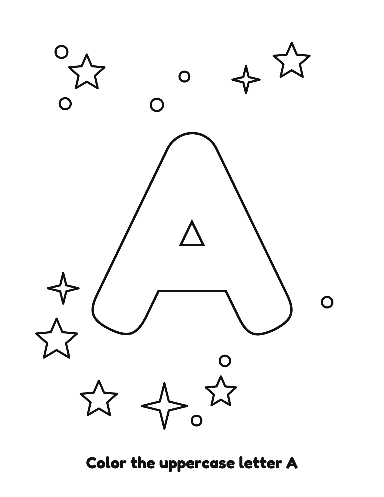 Uppercase letter A bubble letter coloring page with stars to color