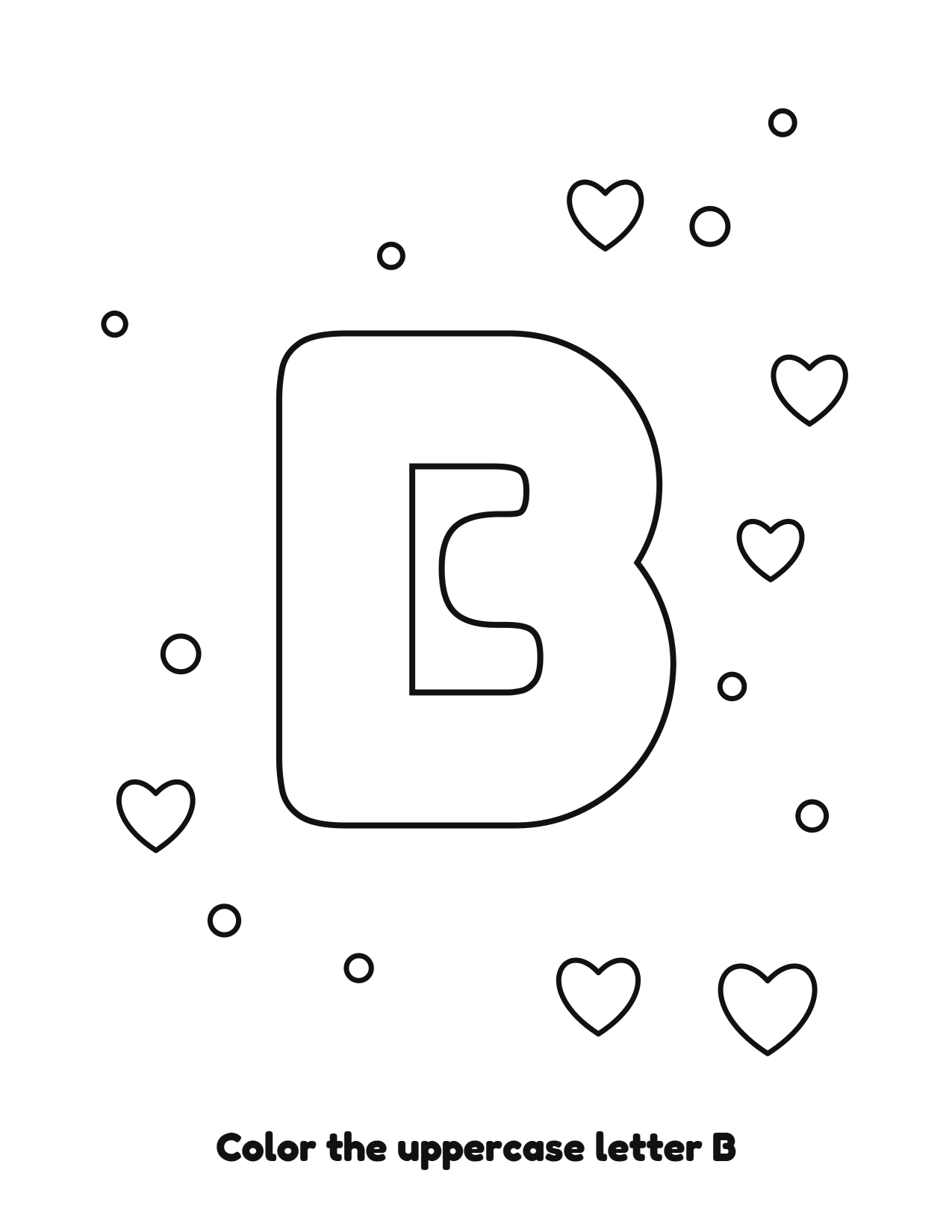 Uppercase letter B bubble letter coloring page with hearts to color