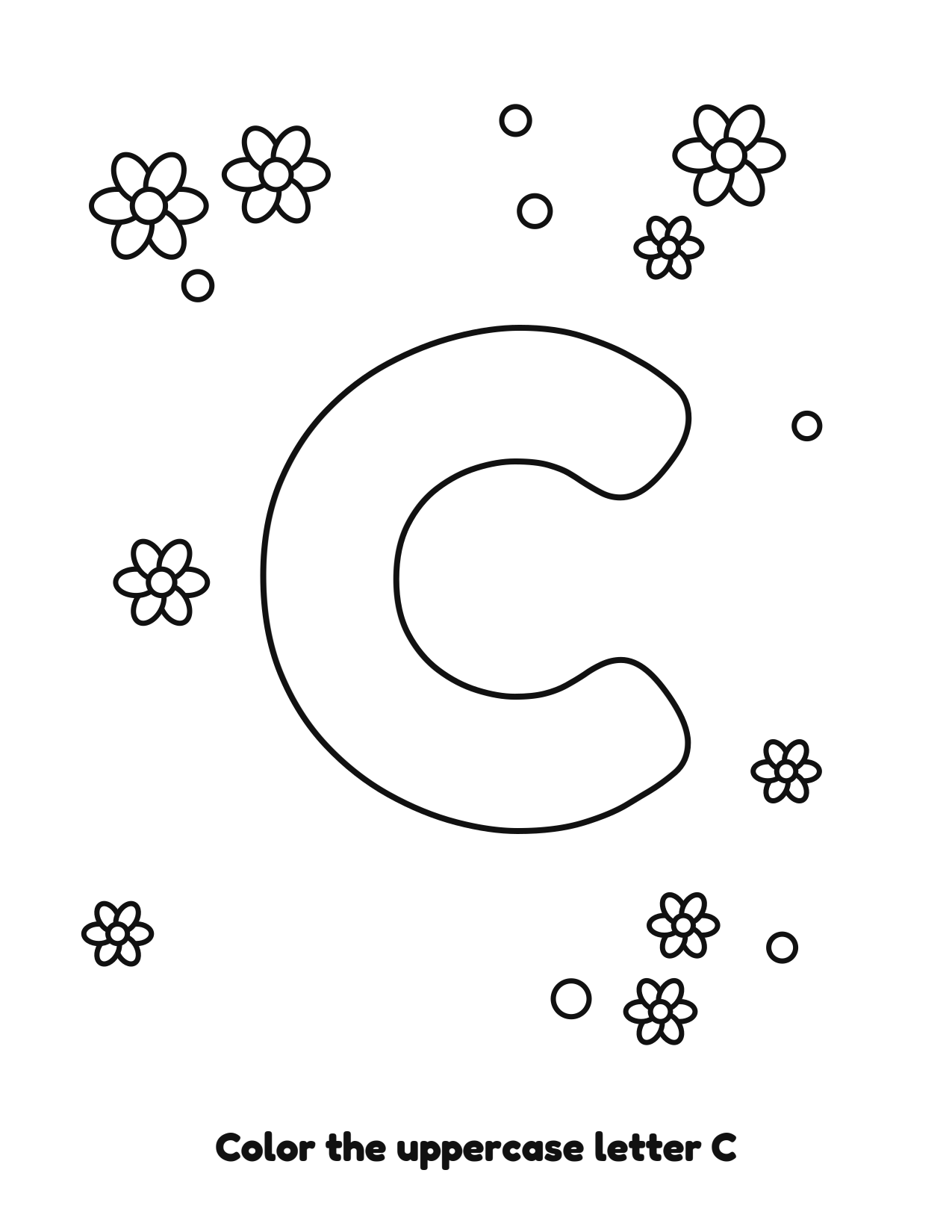 Uppercase letter C bubble letter coloring page with flowers to color