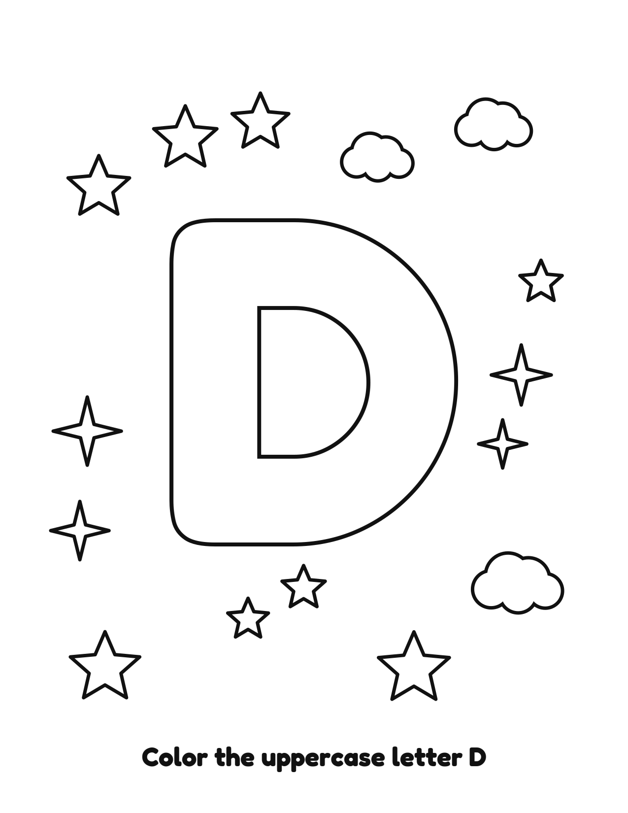 Uppercase letter D bubble letter coloring page with clouds and stars to color