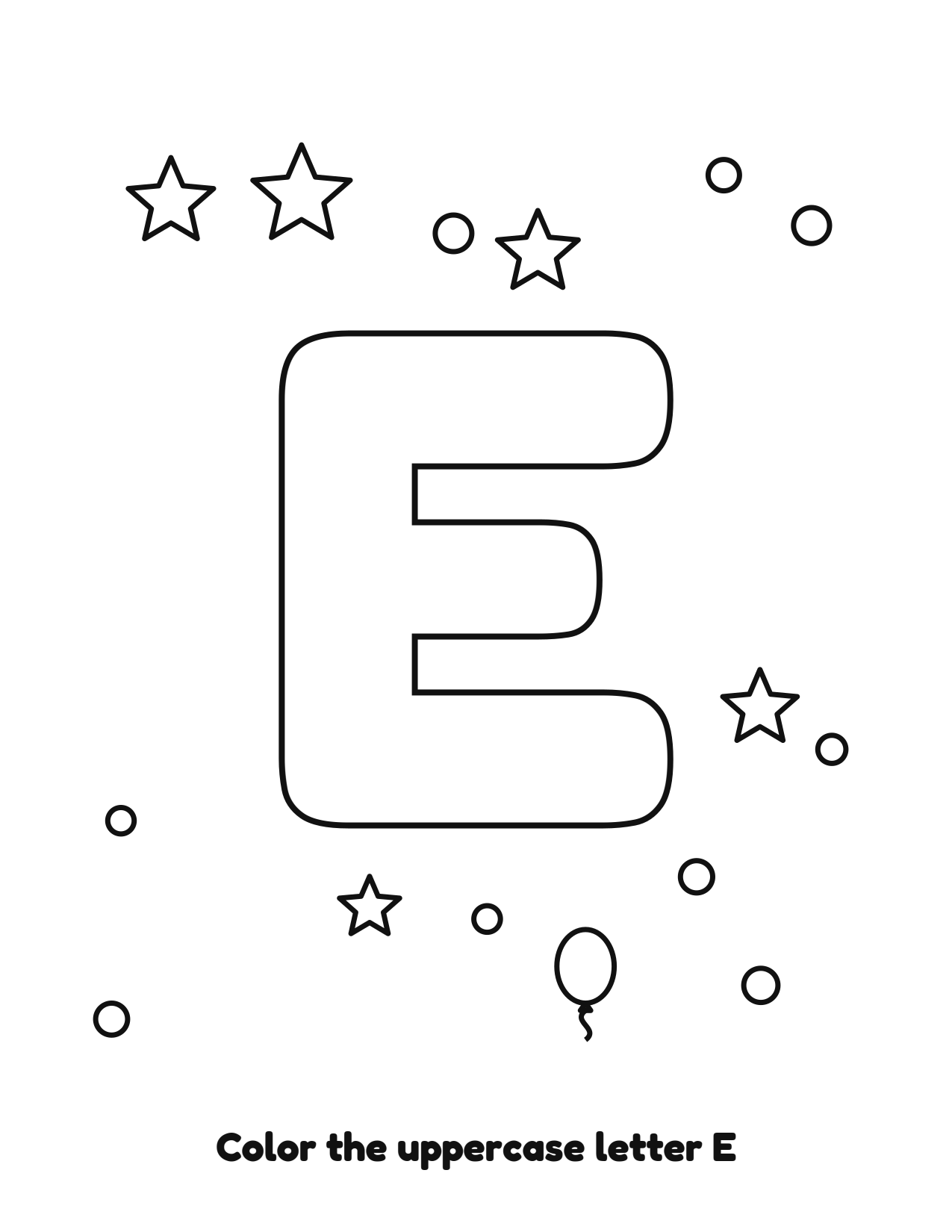 Uppercase letter E bubble letter coloring page with balloons to color