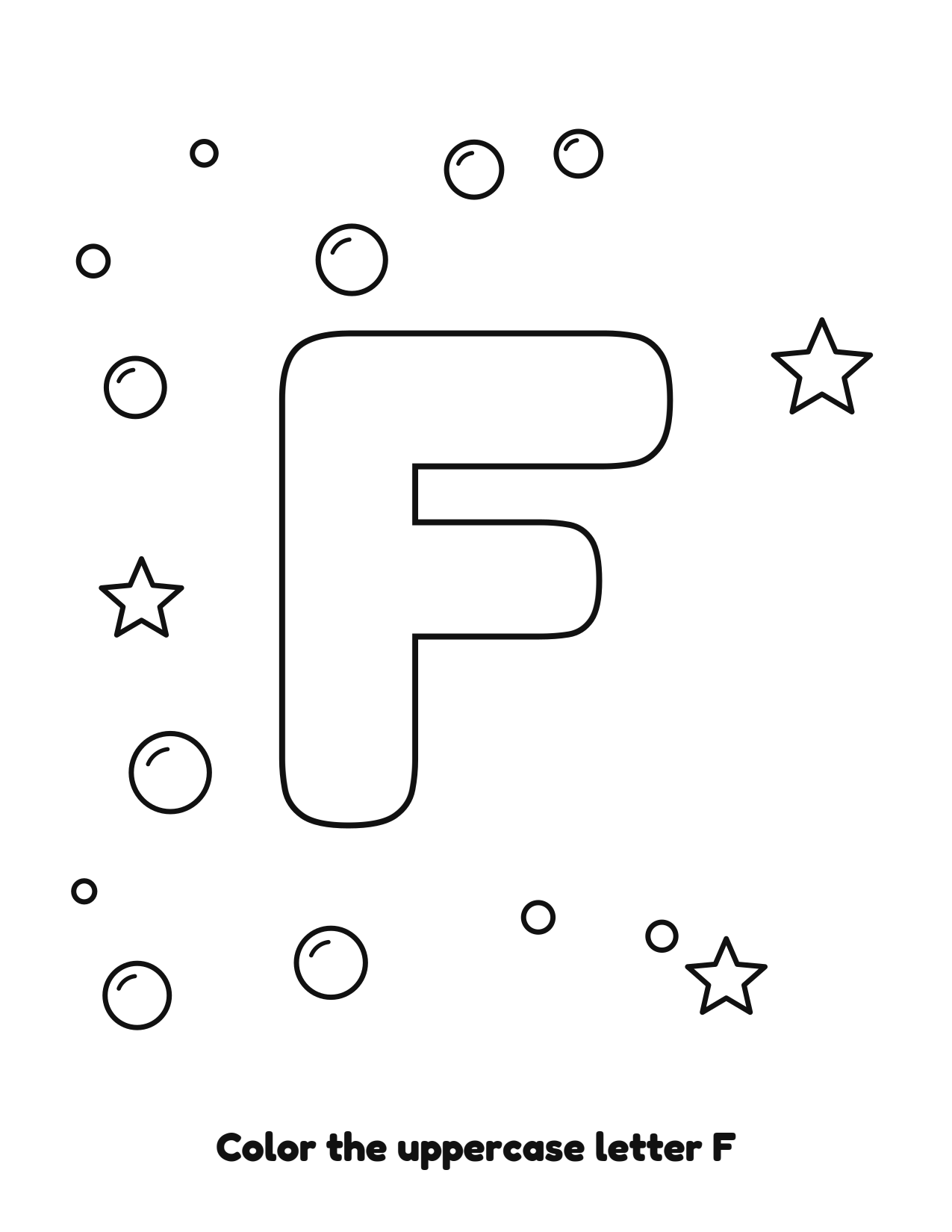 Uppercase letter F bubble letter coloring page with bubbles to color