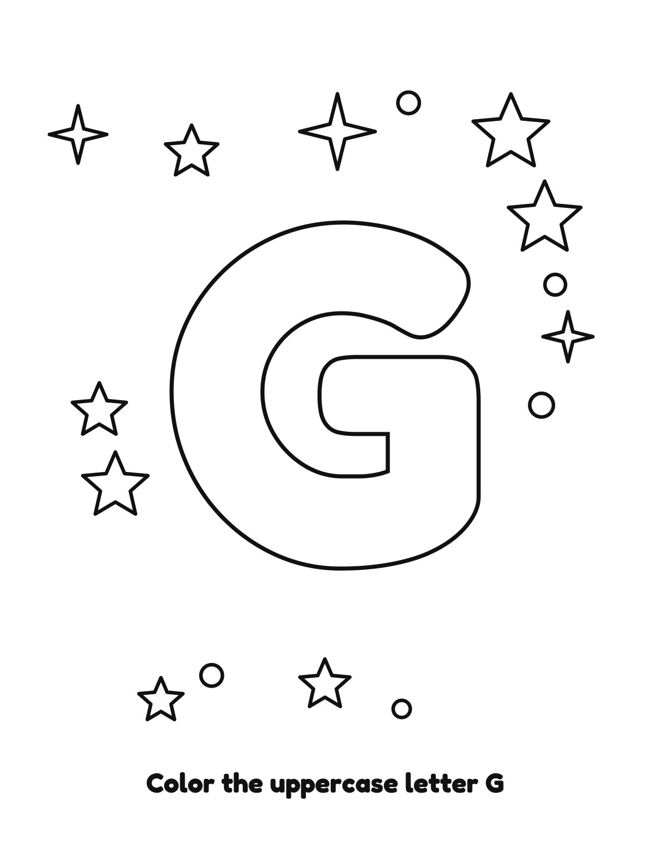 Uppercase letter G bubble letter coloring page with stars to color