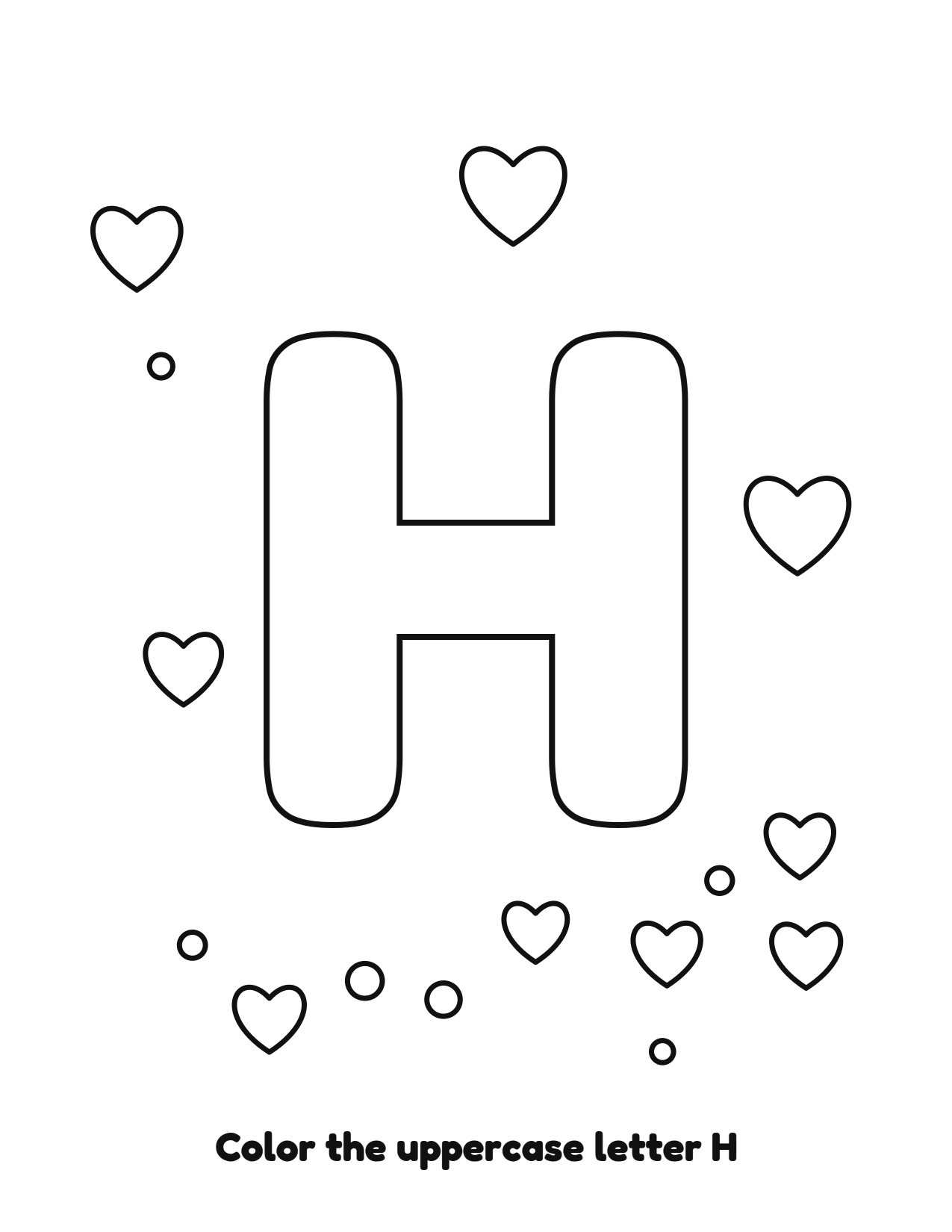 Uppercase letter H bubble letter coloring page with hearts to color