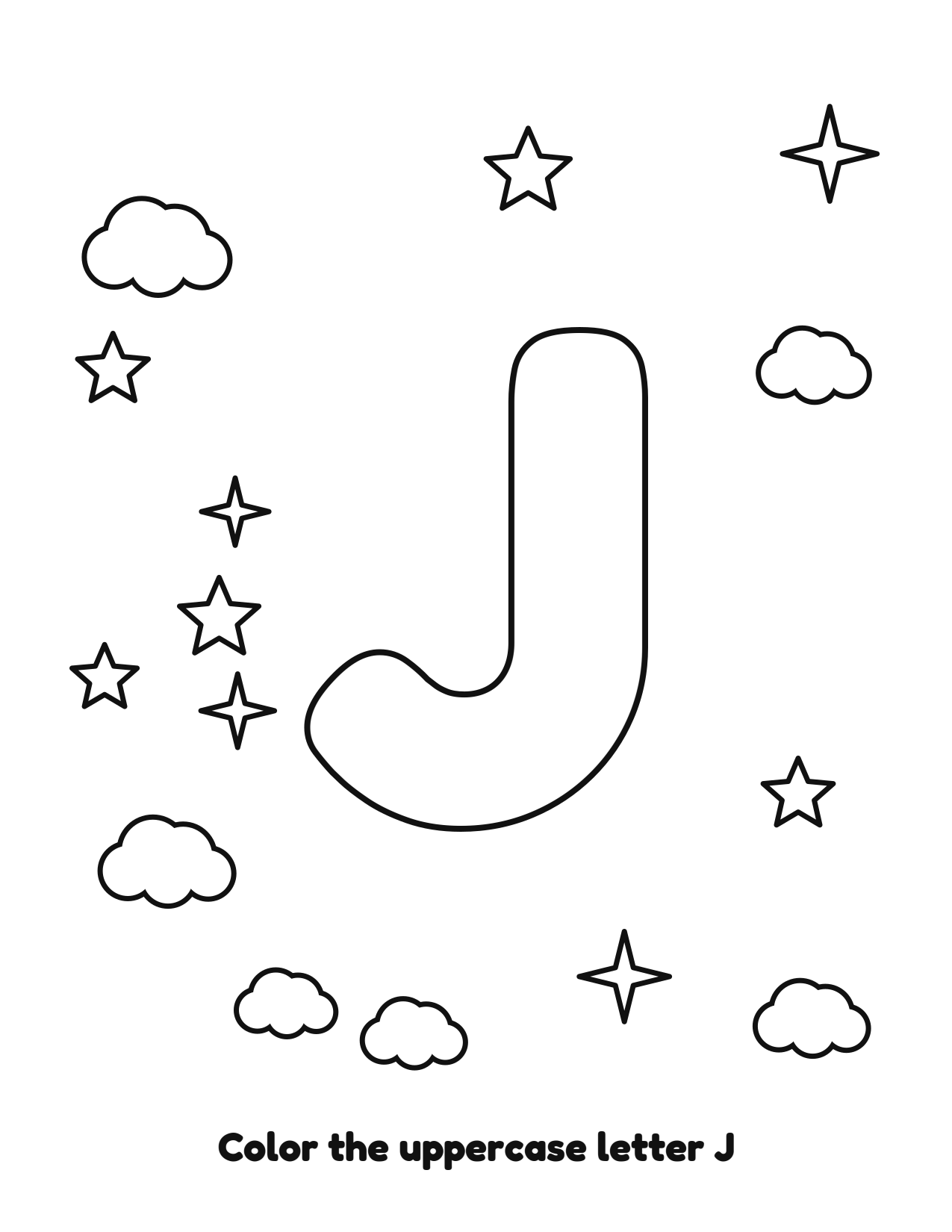 Uppercase letter J bubble letter coloring page with clouds and stars to color