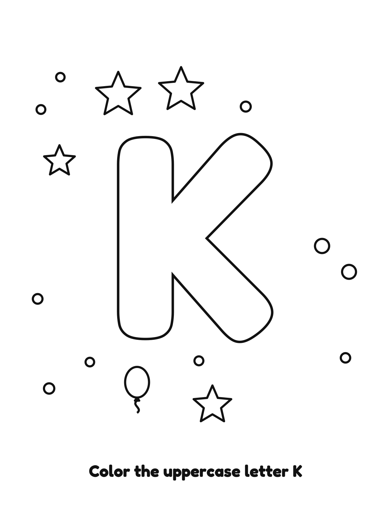 Uppercase letter K bubble letter coloring page with balloons to color