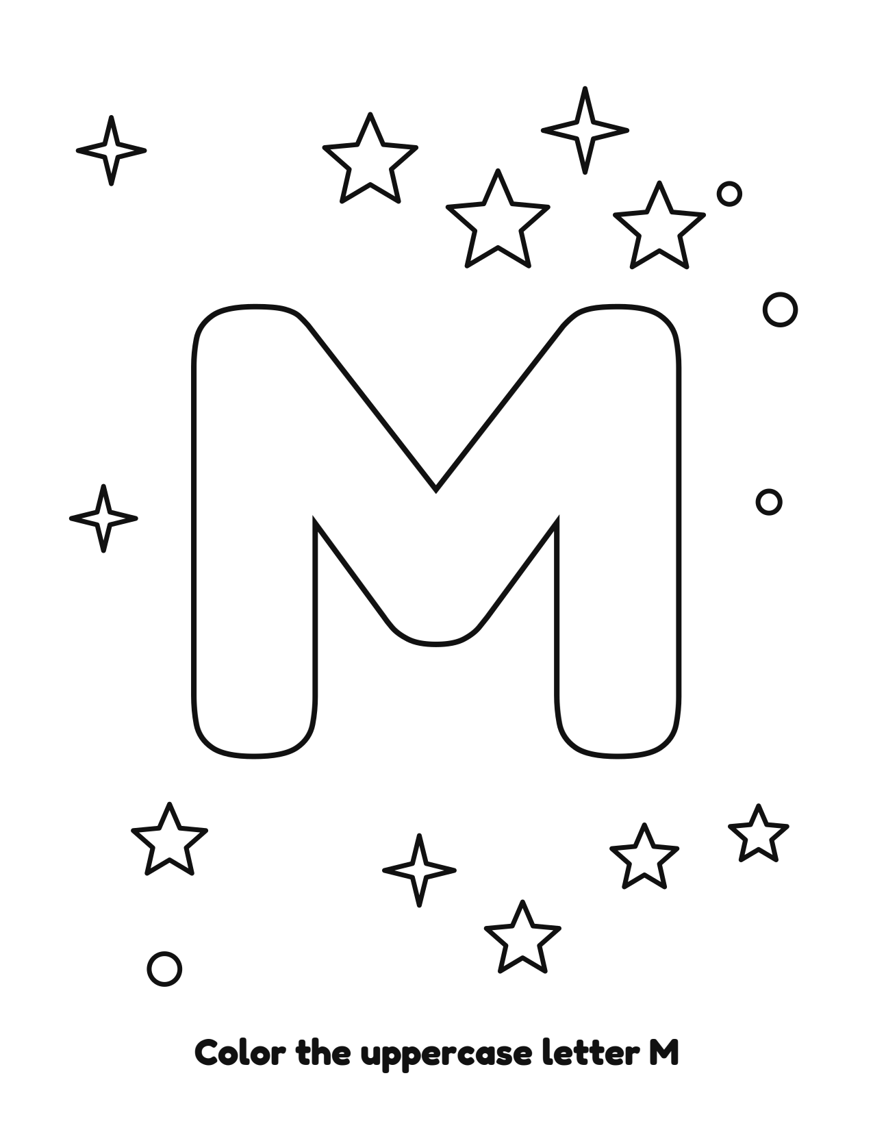 Uppercase letter M bubble letter coloring page with stars to color