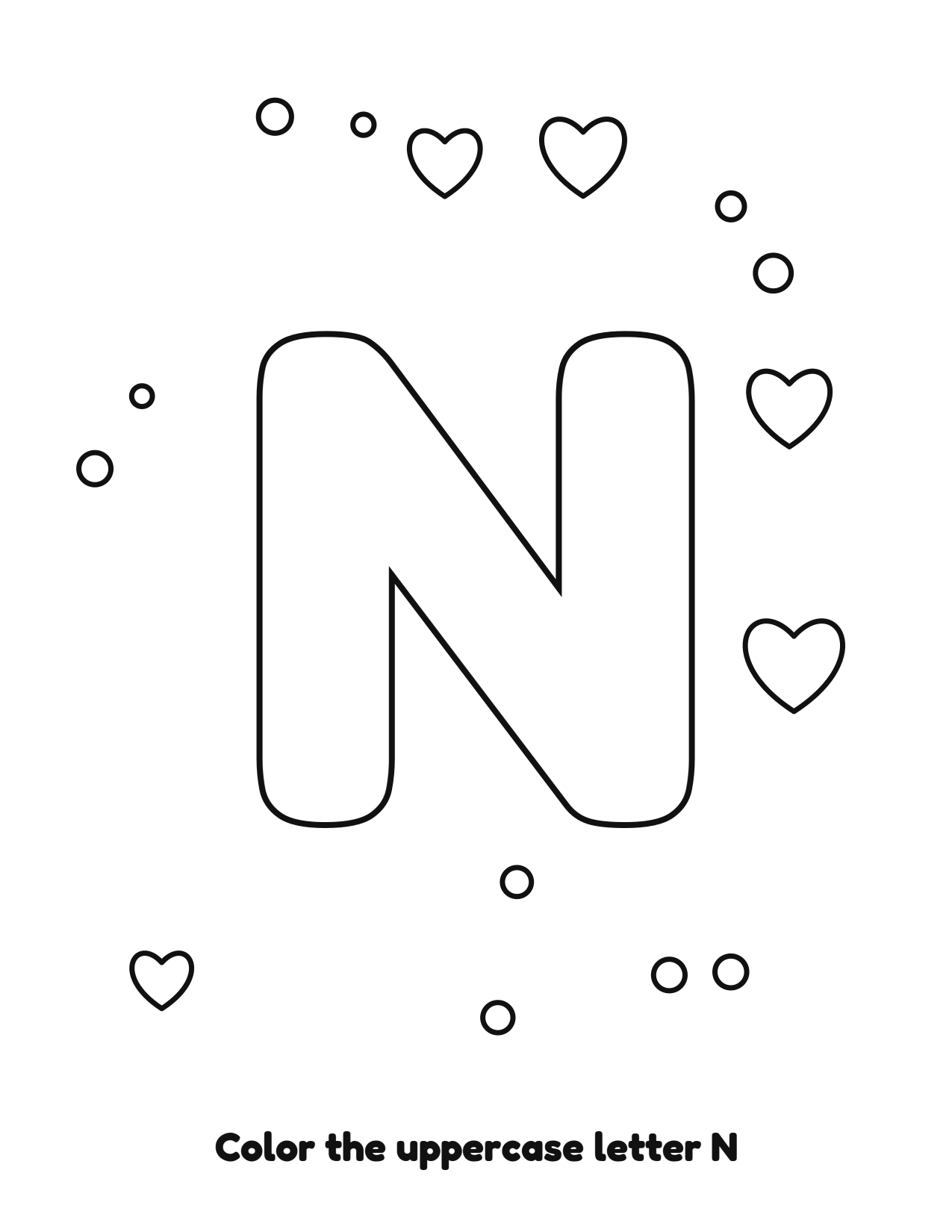 Uppercase letter N bubble letter coloring page with hearts to color