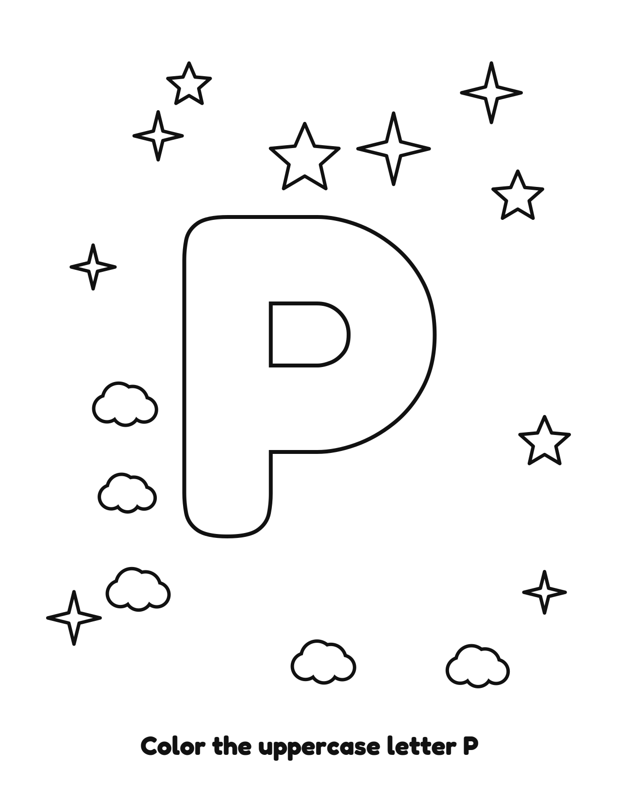 Uppercase letter P bubble letter coloring page with clouds and stars to color