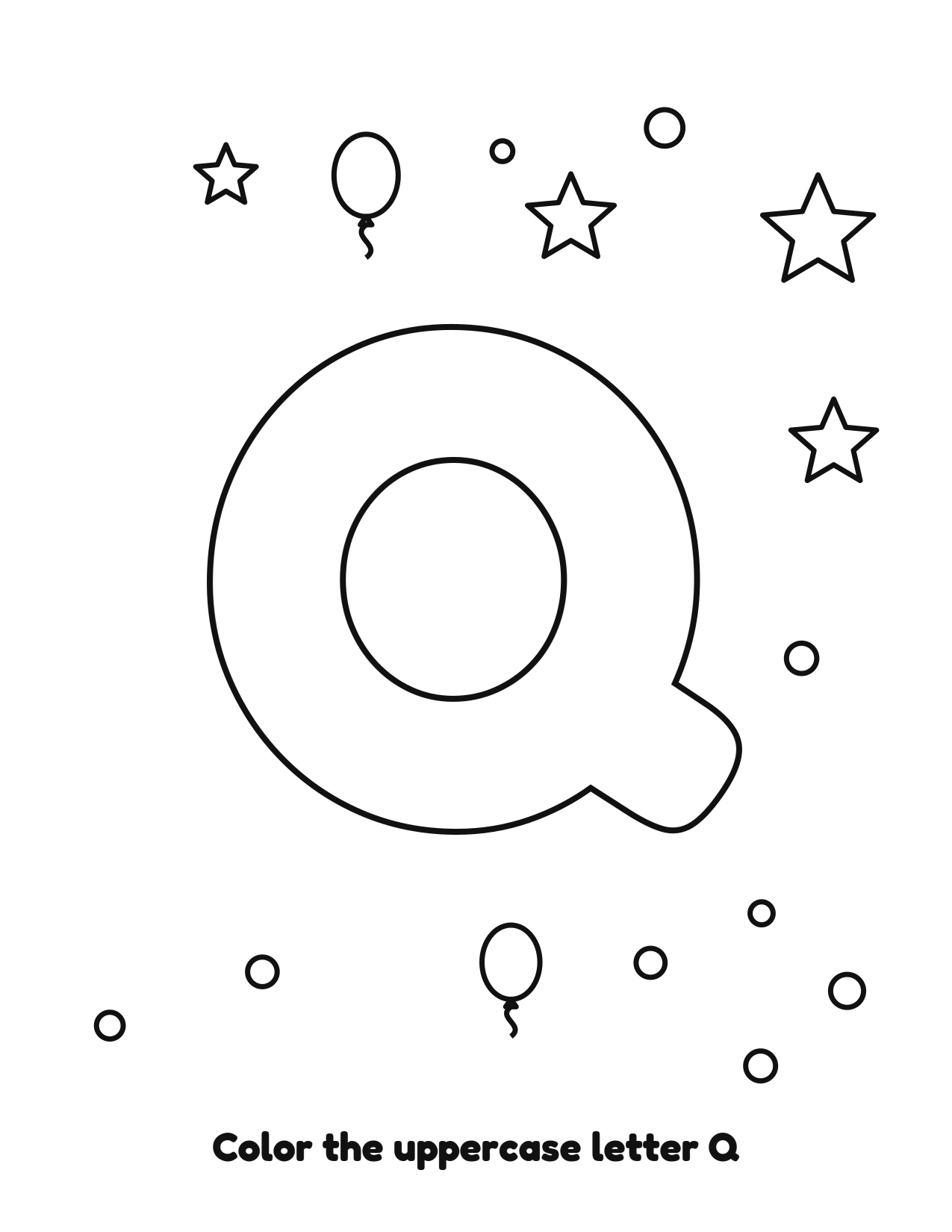 Uppercase letter Q bubble letter coloring page with balloons to color