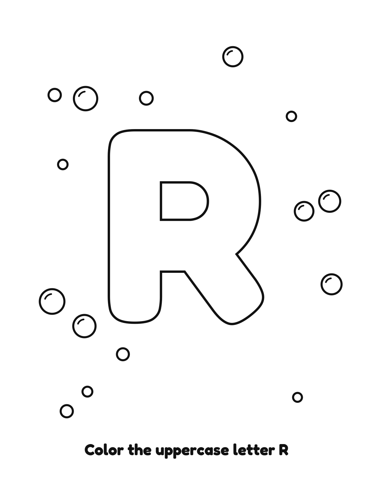 Uppercase letter R bubble letter coloring page with bubbles to color