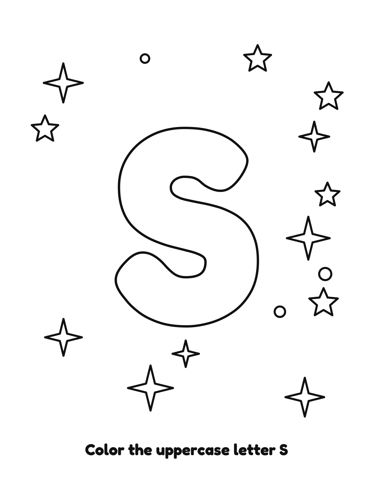 Uppercase letter S bubble letter coloring page with stars to color