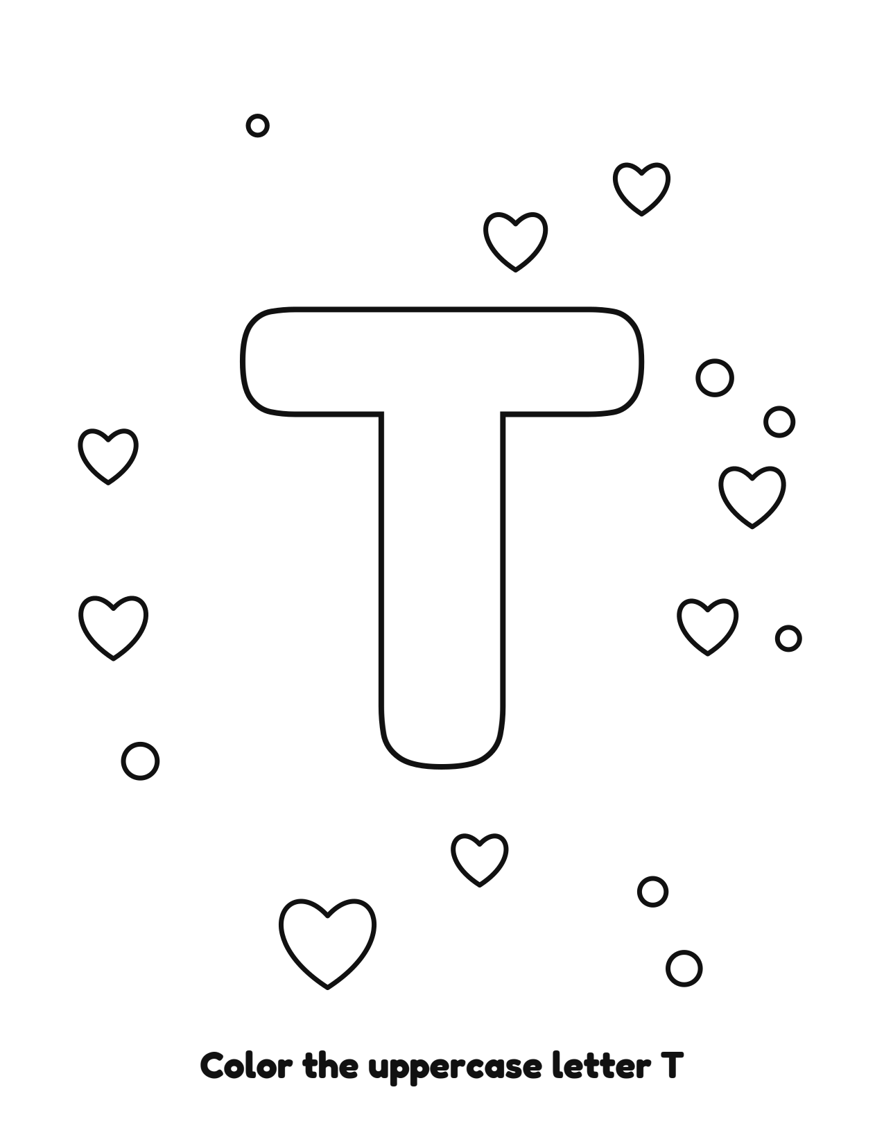 Uppercase letter T bubble letter coloring page with hearts to color