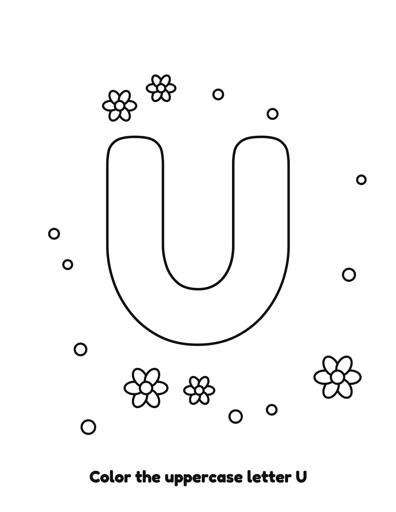 Uppercase letter U bubble letter coloring page with flowers to color