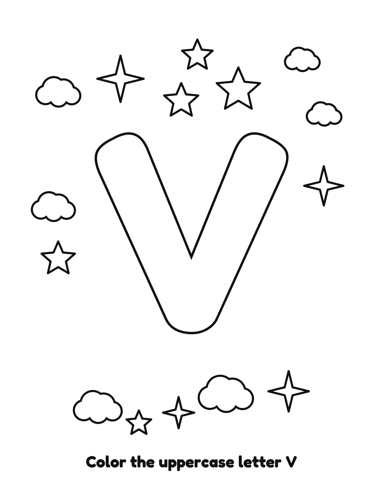Uppercase letter V bubble letter coloring page with clouds and stars to color