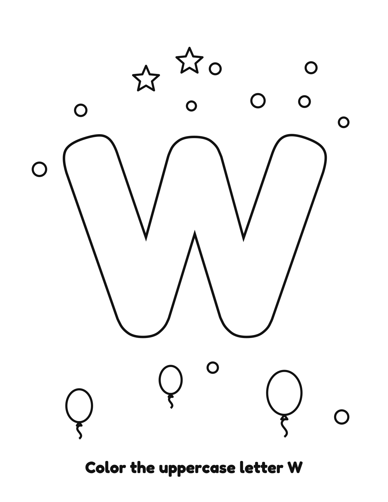 Uppercase letter W bubble letter coloring page with balloons to color