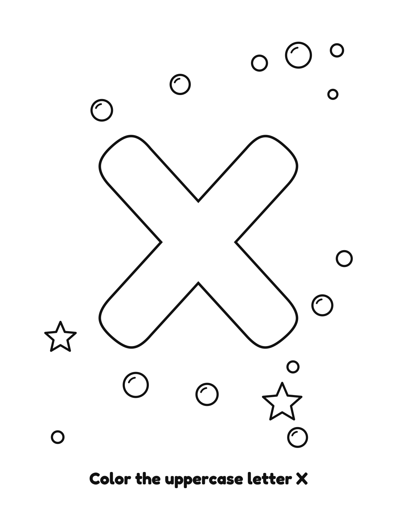 Uppercase letter X bubble letter coloring page with bubbles to color