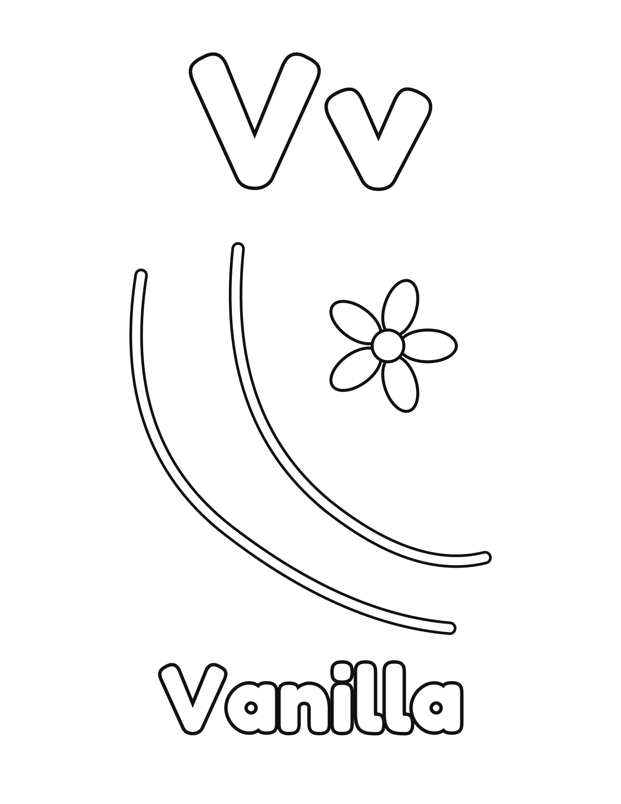 V is for Vanilla fruit and vegetable alphabet coloring page with vanilla to color