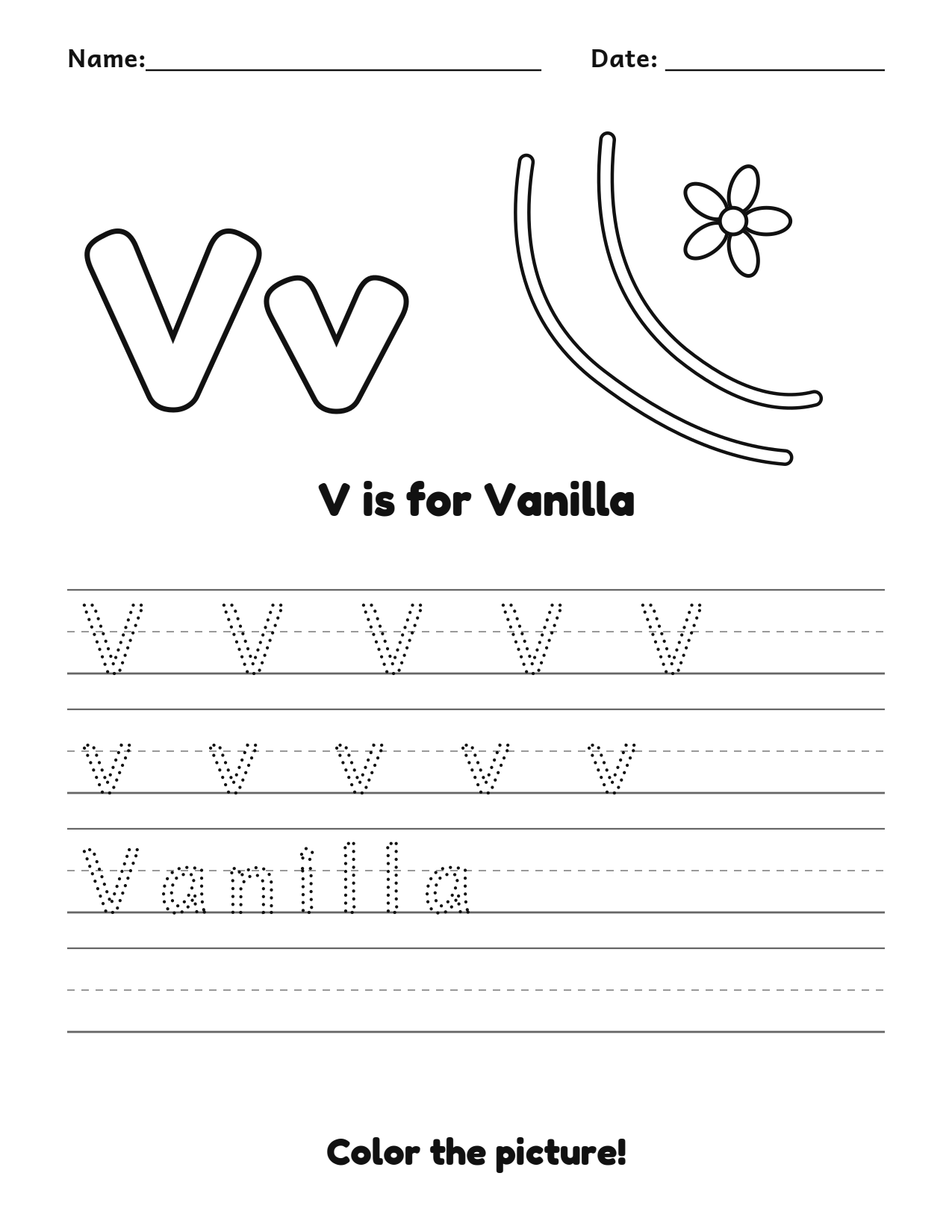 V is for Vanilla fruit and vegetable tracing worksheet with a vanilla picture and writing lines