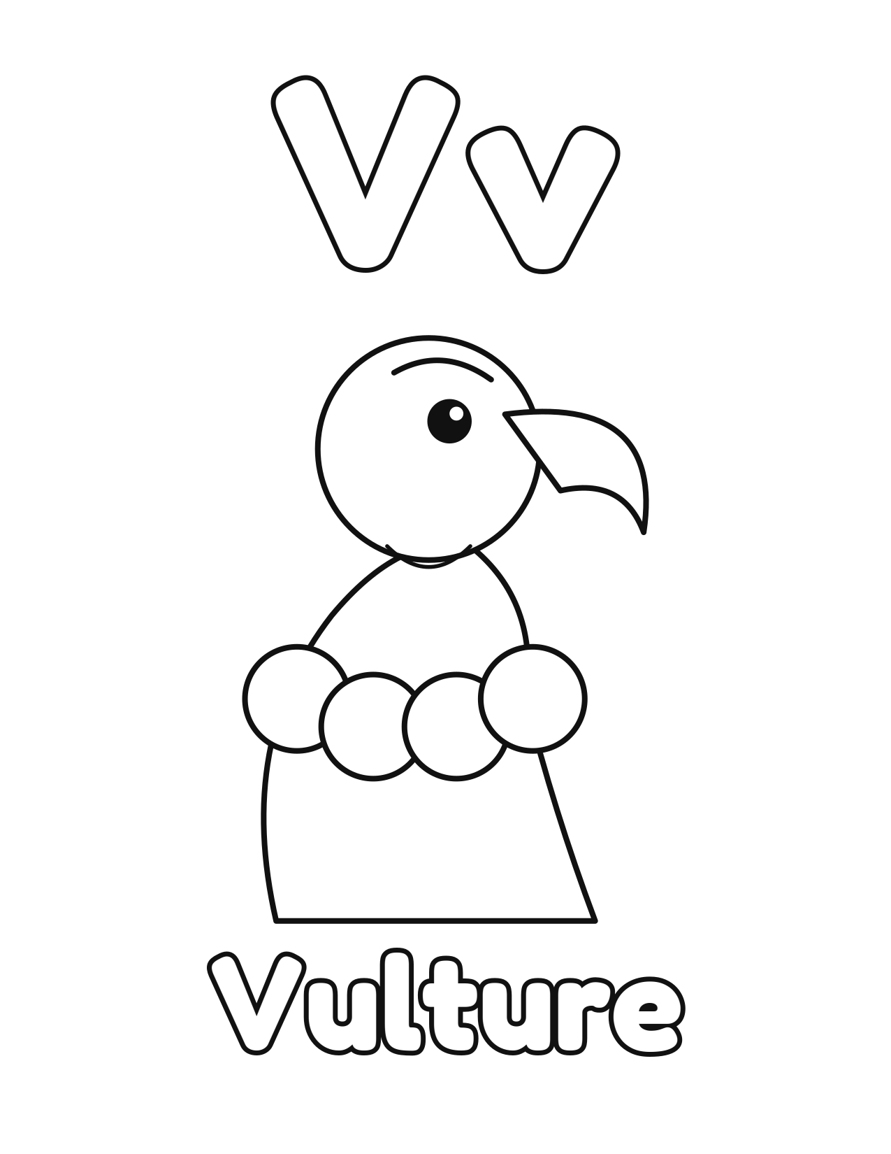 V is for Vulture animal alphabet coloring page with a cute vulture to color