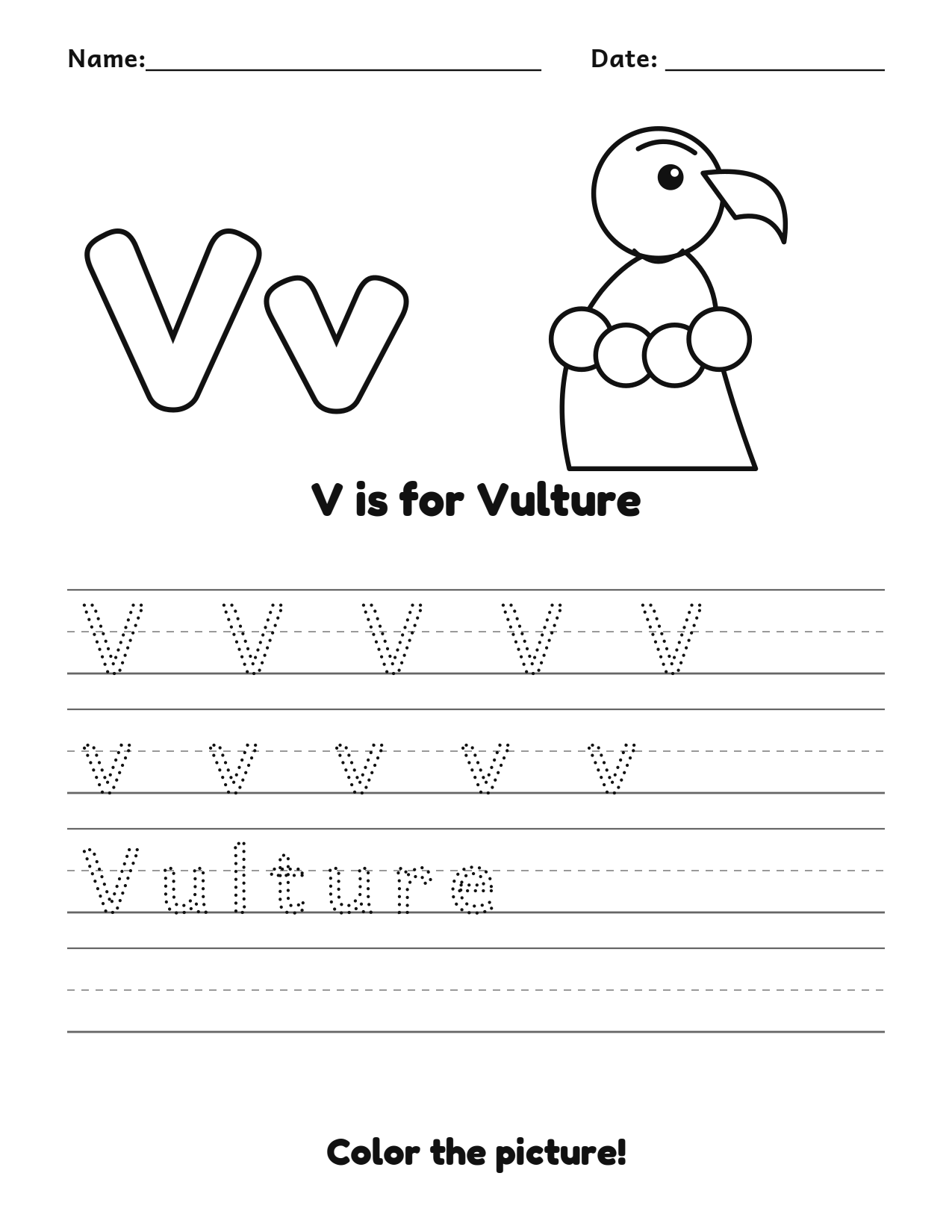 V is for Vulture animal alphabet tracing worksheet with a vulture picture and writing lines